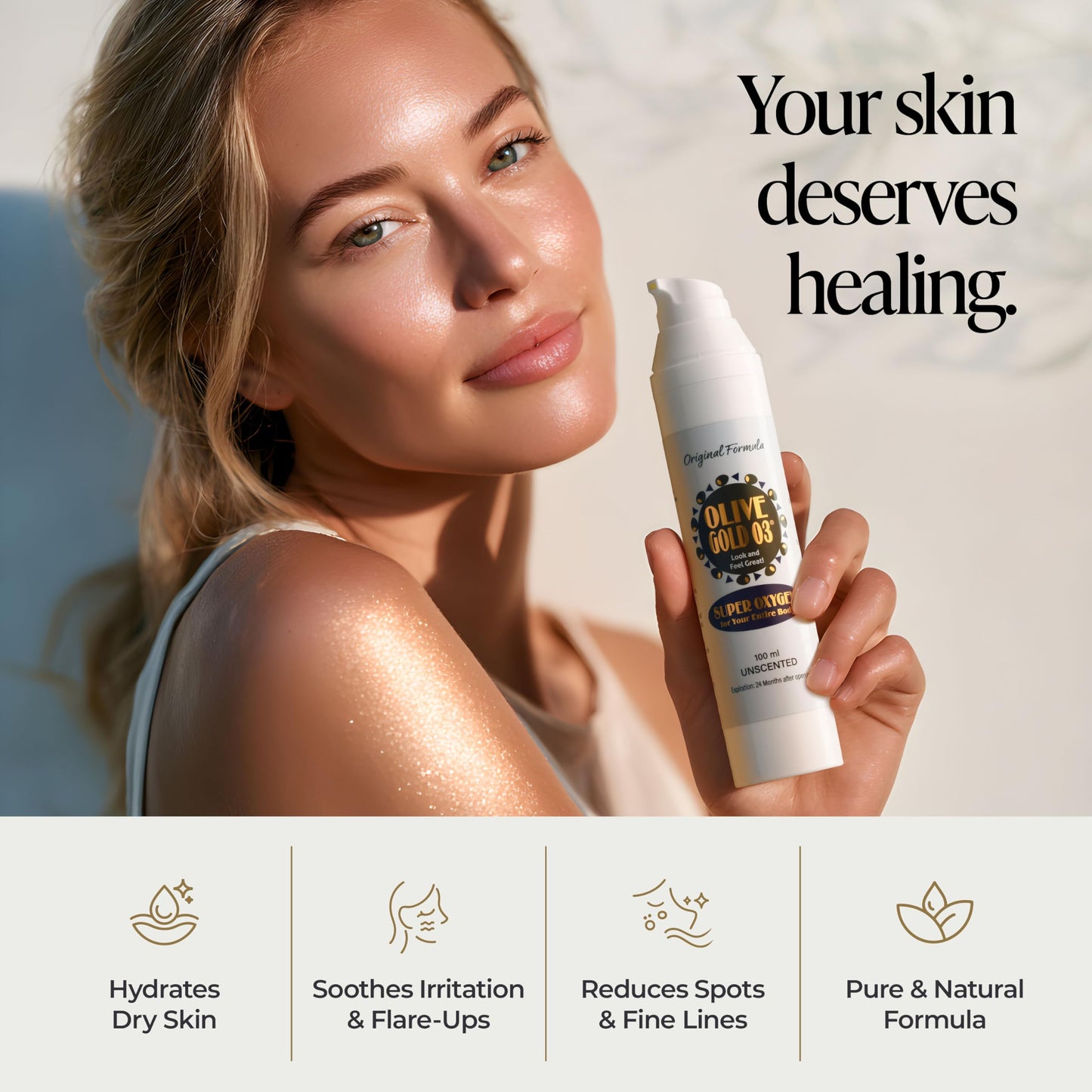Olive Gold O3 Skin Care Lotion - Ozonated Olive Oil Moisturizer for Face & Body, Natural Hydration & Anti-Aging Support (4oz)