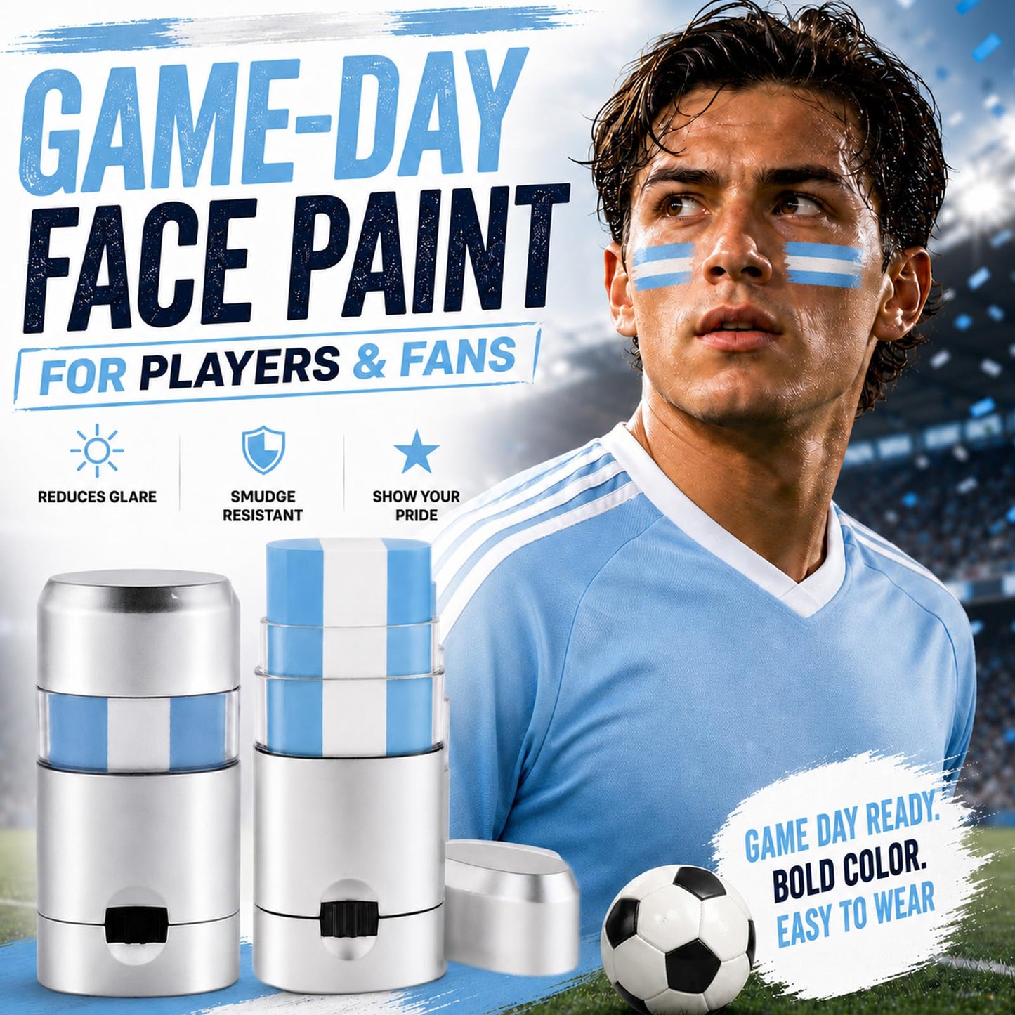 Paminify Light Blue and White Argentina Face Paint Stick,2026 World Cup Fans Eye Black,Patriotic Argentine Flag Body Paint Stick for Soccer Baseball Beauty and Personal Care paminify