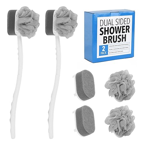 Impresa Extra Long Handle Shower Brush - Dual-Action Loofah & Exfoliating Sponge Body Scrubber - Ergonomic Grip Back Scrub Brush - Replacement Loofah