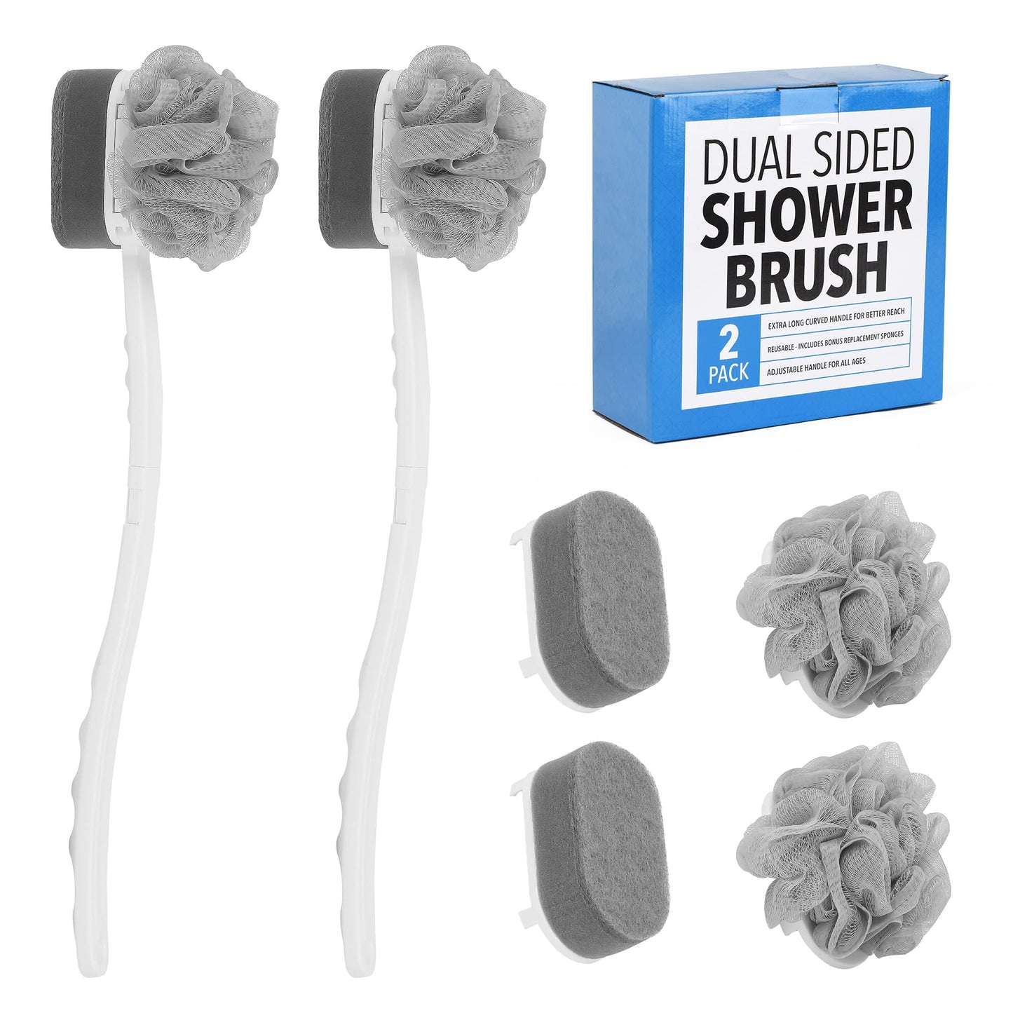 Impresa Extra Long Handle Shower Brush - Dual-Action Loofah & Exfoliating Sponge Body Scrubber - Ergonomic Grip Back Scrub Brush - Replacement Loofah