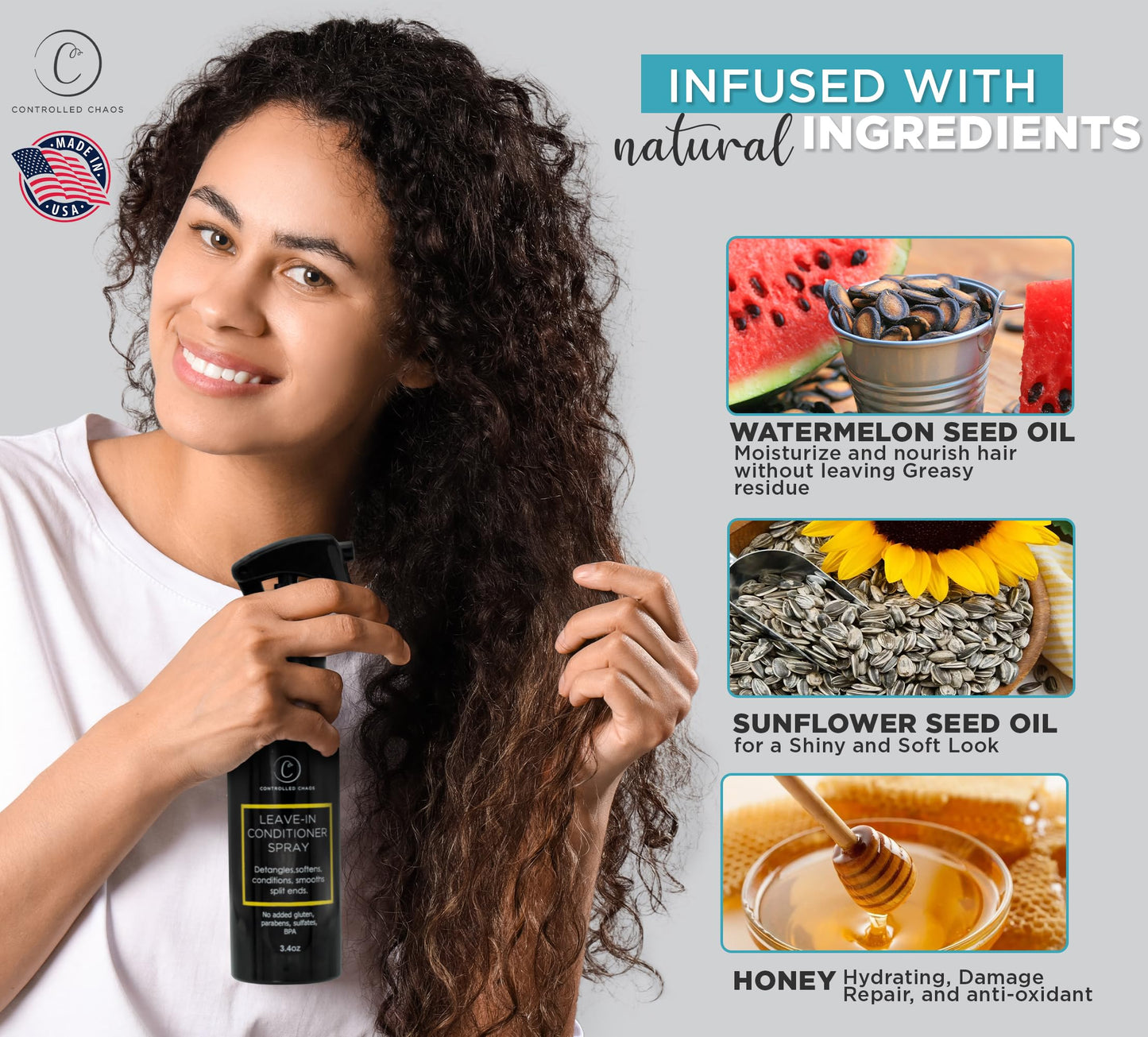 Controlled Chaos Leave-In Conditioner Spray- Anti Frizz Hair Detangler Spray for Dry Damaged Hair with Natural Watermelon & Sunflower Seed Oil & Honey