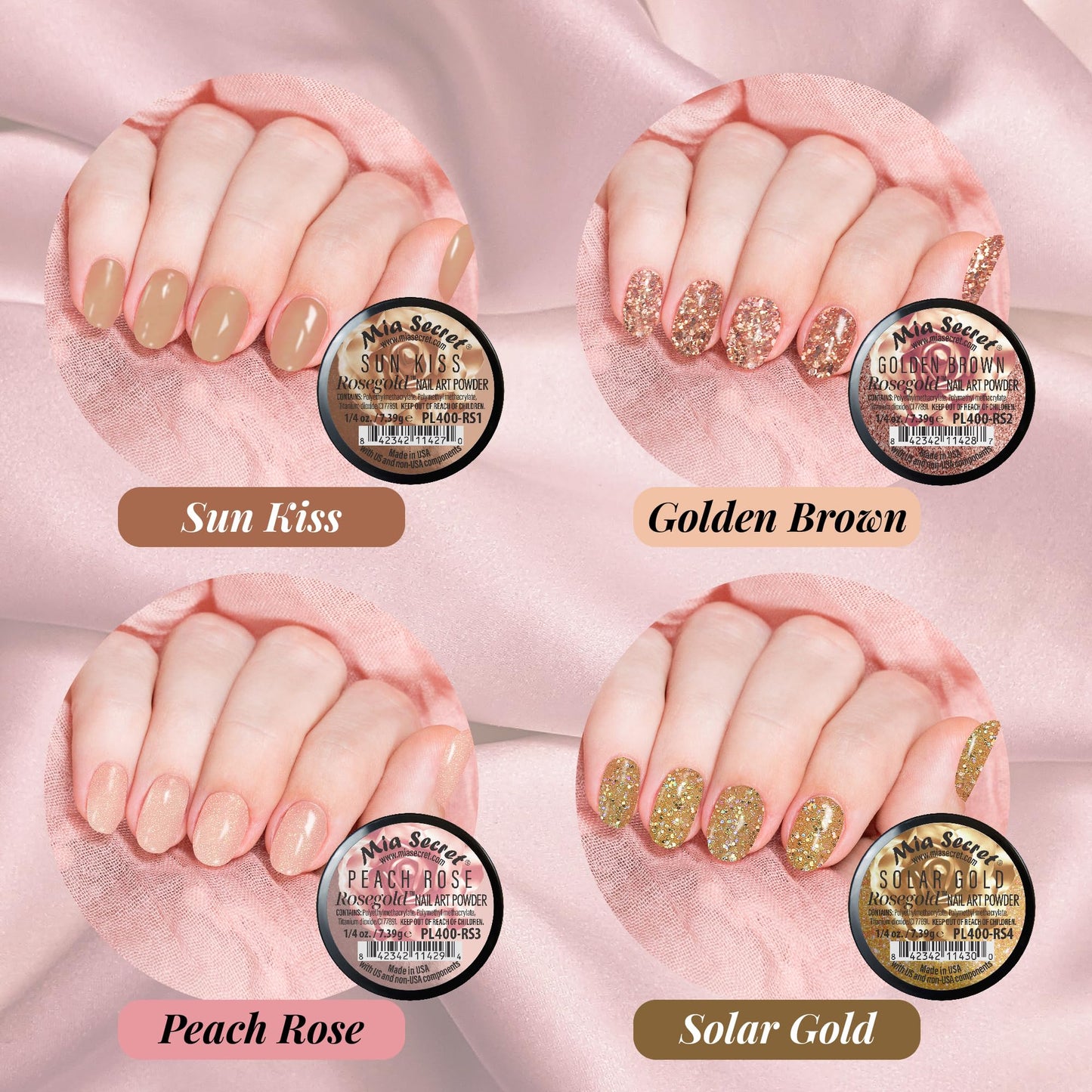 Mia Secret Colored Acrylic Nail Art Powder Collection - Rosegold, 6PC