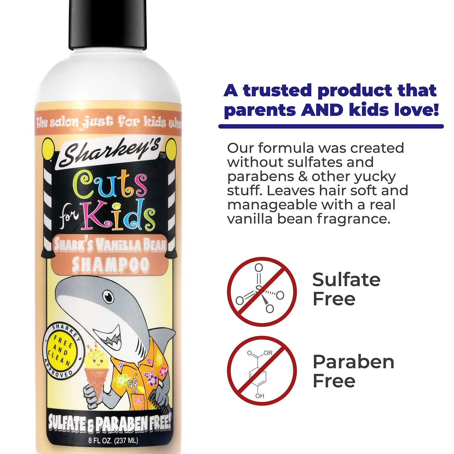 Sharkey's Vanilla Scented Kids Shampoo and Conditioner with Baby Shark Plush Backpack Clip or Lunchbox Clip - Sulfate Free and Paraben Free!