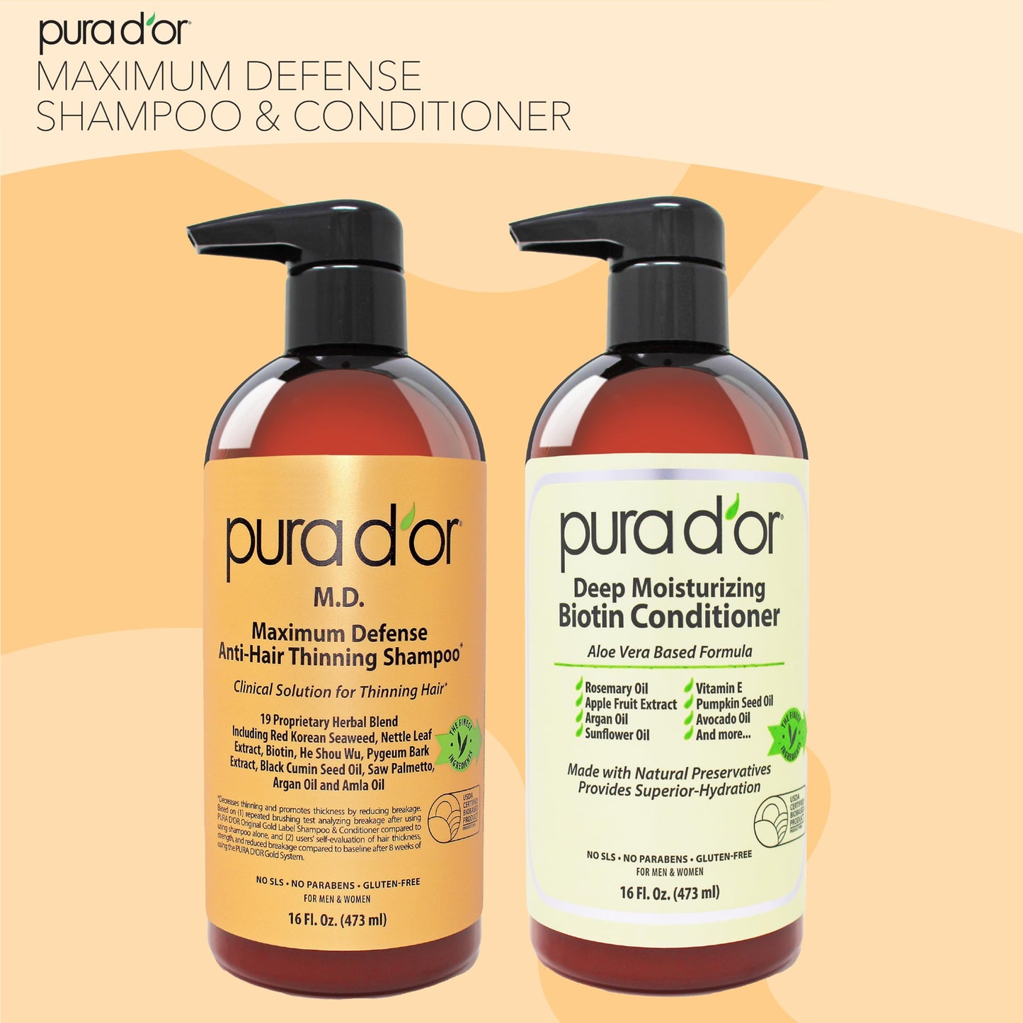 PURA D'OR MD Anti-Thinning Biotin Shampoo & Conditioner Set 16oz x2 – Coal Tar Herbal Blend for Thicker Hair & Scalp Health, Men & Women