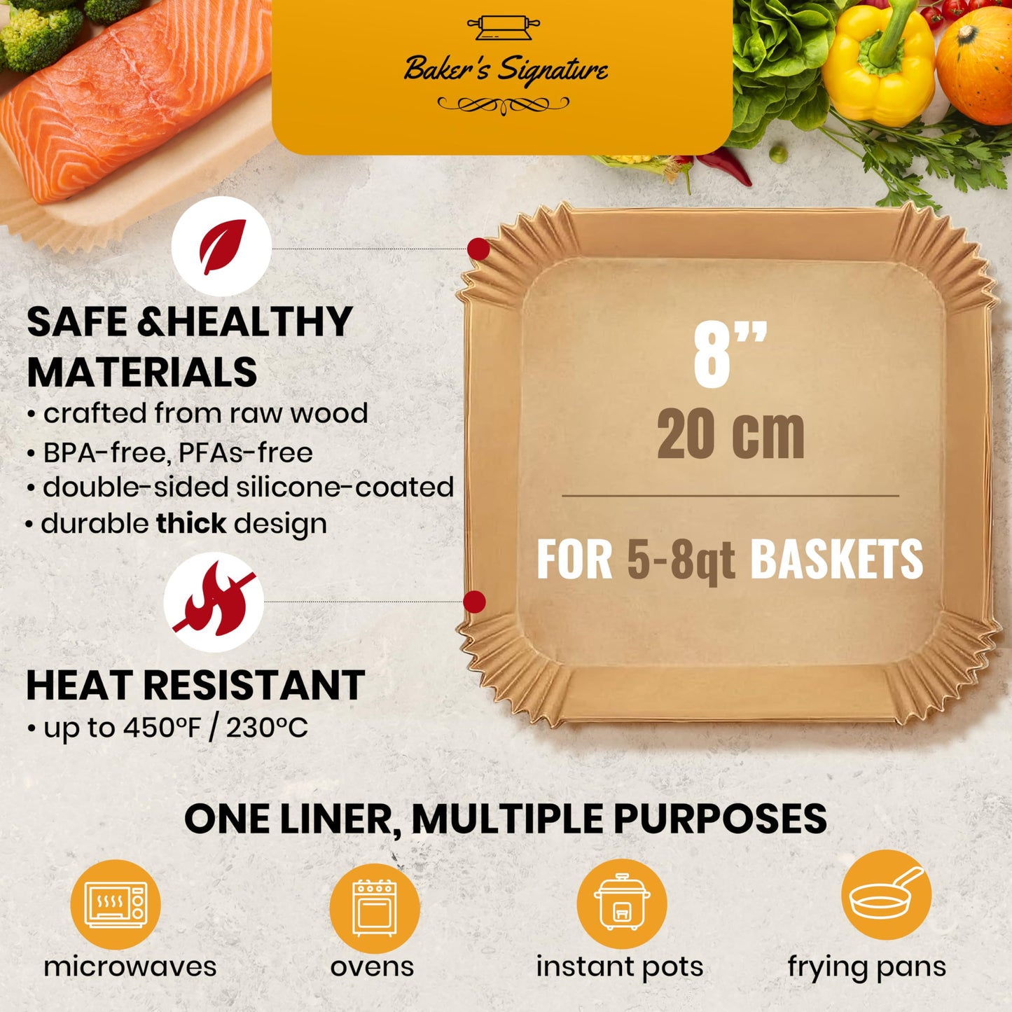 Baker's Signature Air Fryer Paper Liners, 125-Pack Disposable 8" Square, Non-Stick & Oil-Proof for 5-8 Qt Baskets, Easy Cleanup