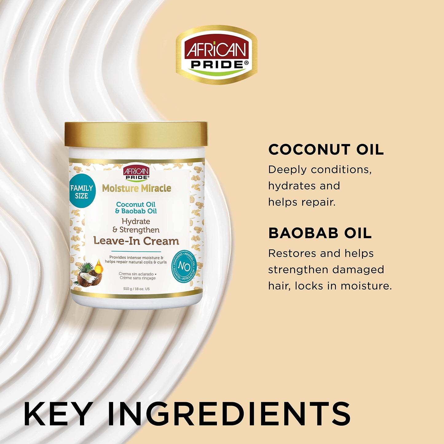 African Pride Moisture Miracle Coconut Oil & Baobab Oil Leave-In Hair Cream - Provides Intense Moisture & Helps Repair Natural Coils & Curls, Hydrates