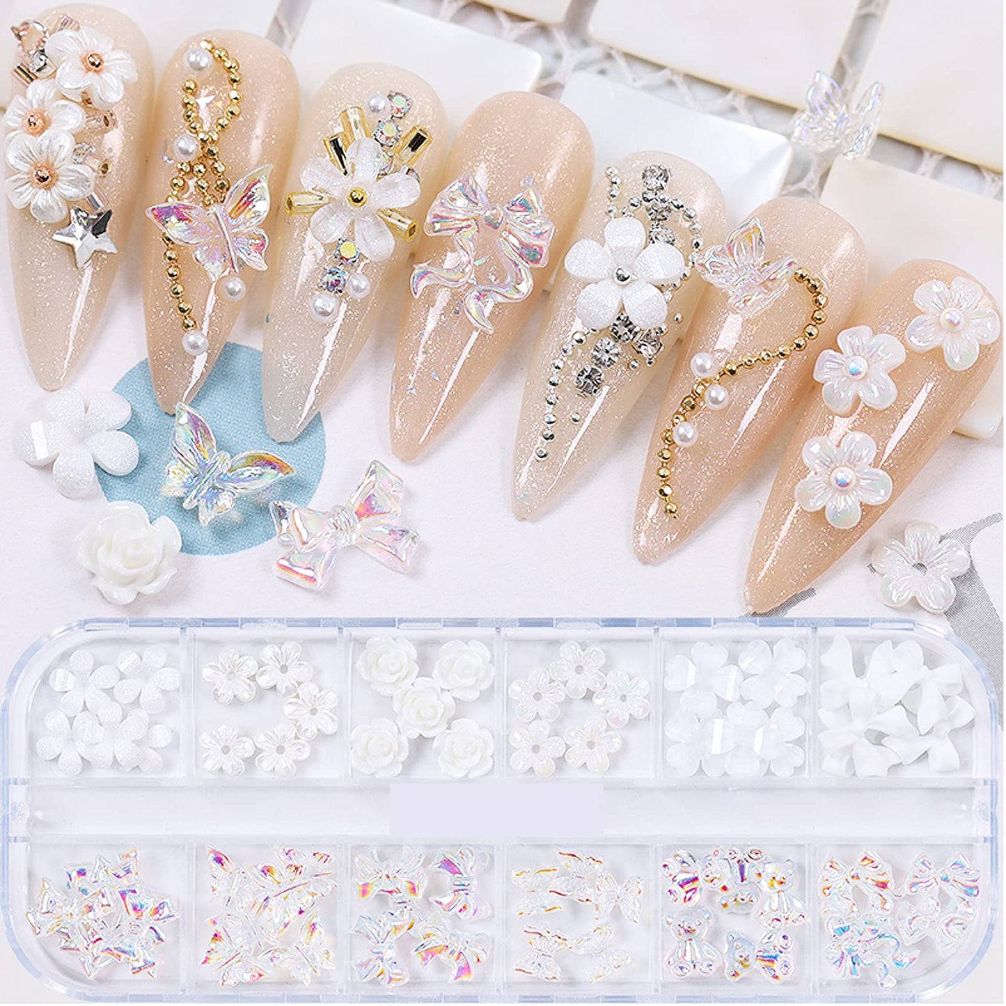 3D Acrylic Butterfly White Flowers Bear Nails Charms Cute Nail Charms Mixed Starry Crystal Nail Rhinestones Multi Sizes Crystal Gems Stones for Nail