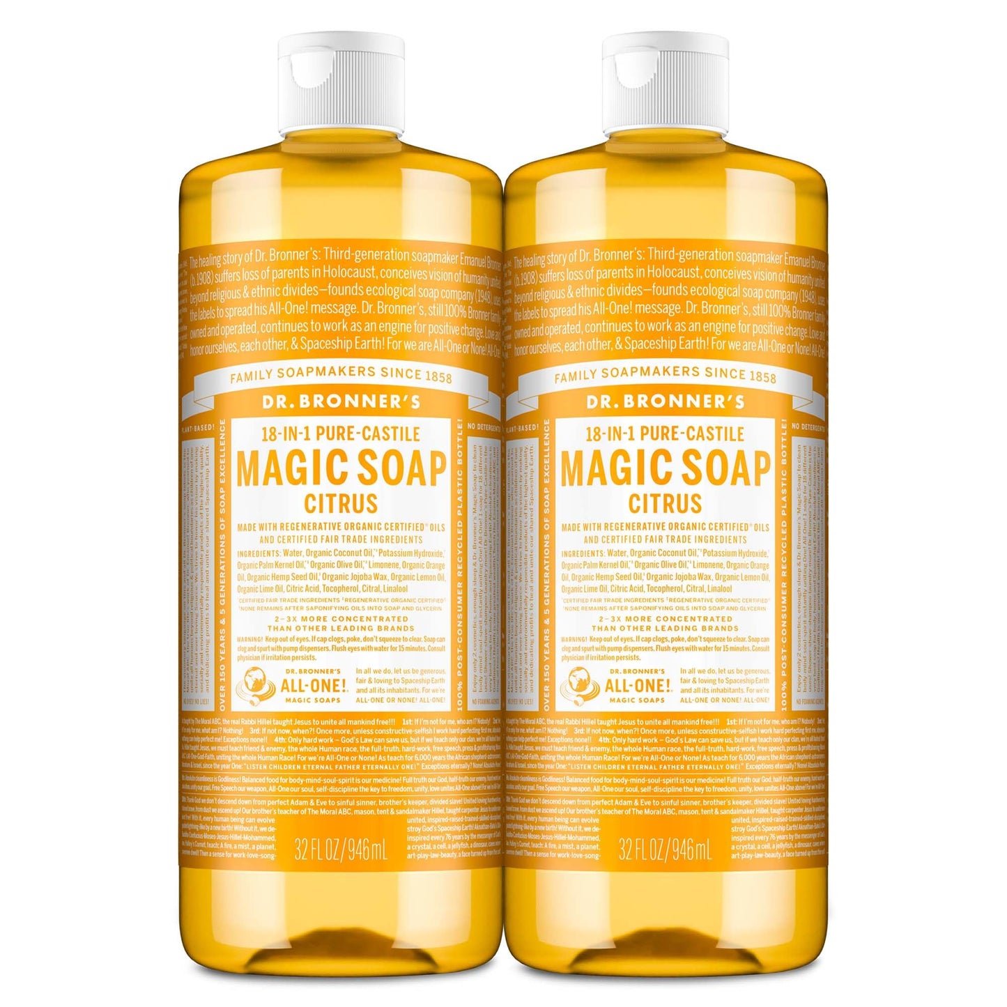 Dr. Bronner's Magic Soap-Pure-Castile Liquid Soap (Citrus, 32oz, 2-Pack)-Regenerative Organic Certified Oils, 18-in-1 Uses: Body, Hair, Laundry, Pets