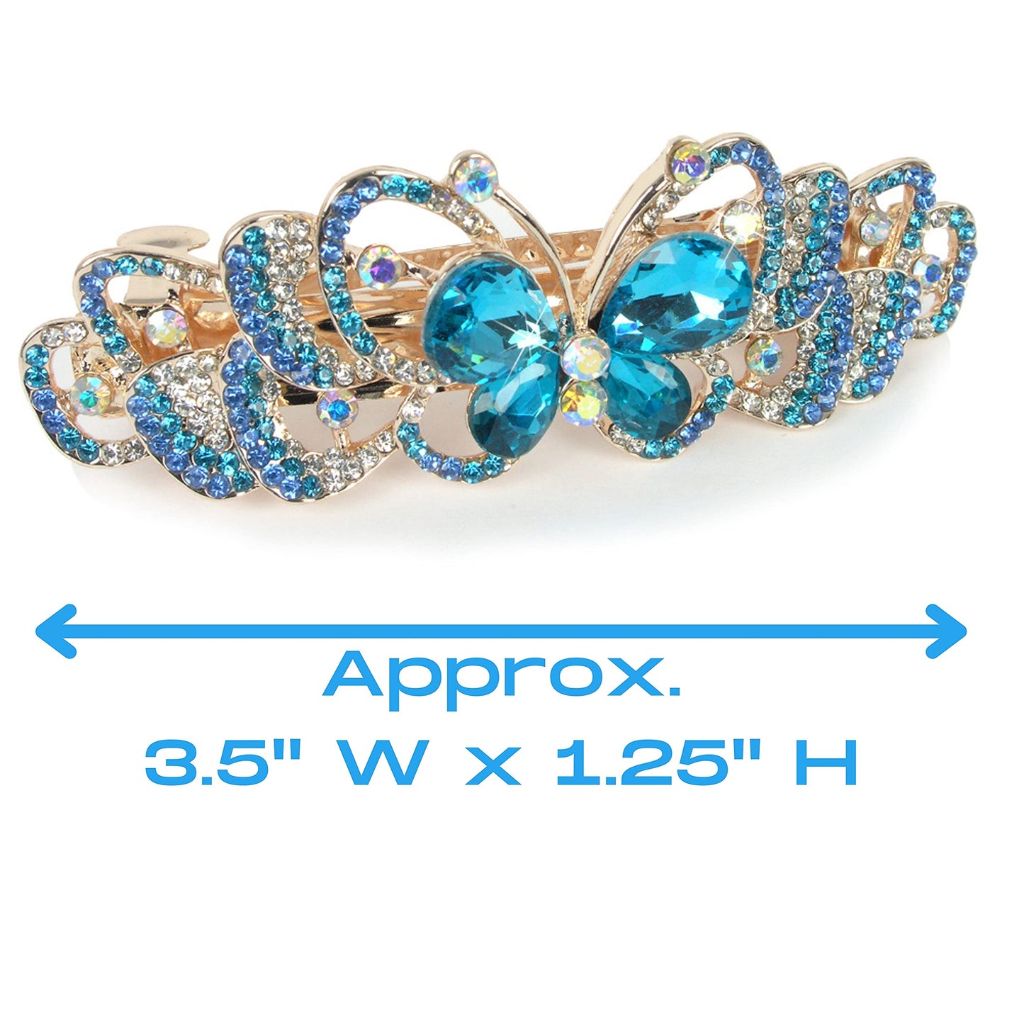 Butterfly Hair Barrettes - Jeweled Clips - Roses - Gold Metal with Rhinestones - Multi-Colored Jewels - 3.5" x 1.25" - Set of 2