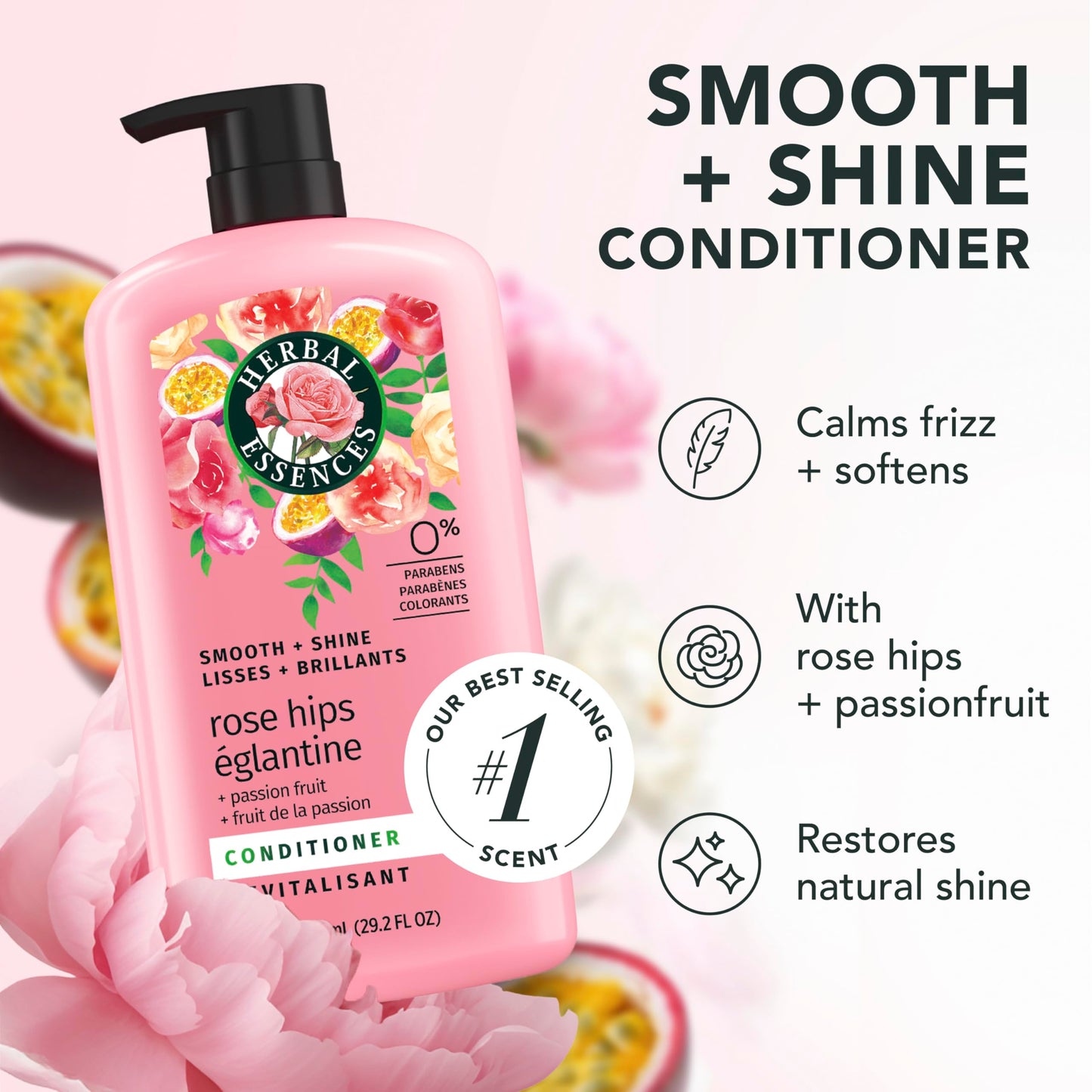 Herbal Essences Conditioner, Rose Hips + Passionfruit - Smooth Collection, Shiny Hair with Vitamin E & Jojoba, Safe for Color Treated Hair, Floral Beauty and Personal Care Herbal Essences