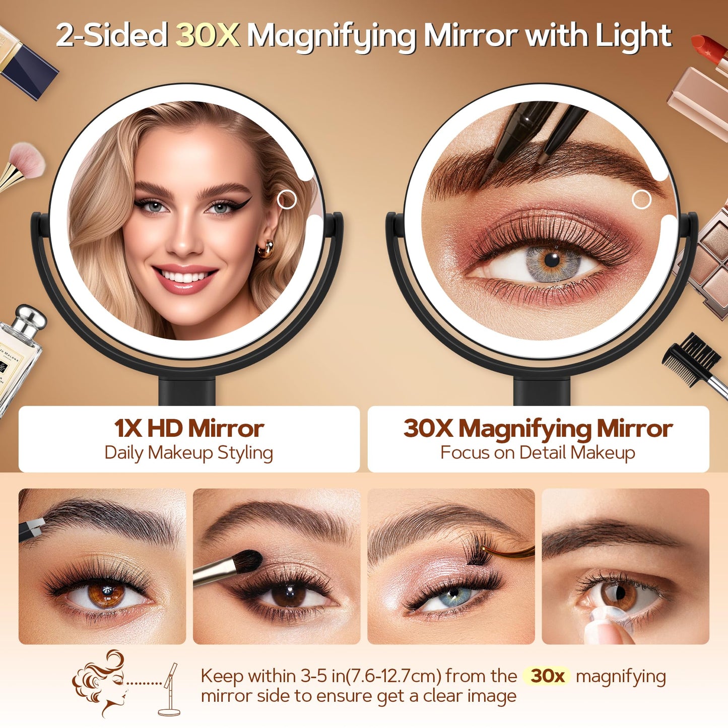 B Beauty Planet Makeup Mirror with Lights, Lighted Magnifying Mirror 30X with 3 Lighting and Adjustable Brightness, 2-Sided Height Adjustable Vanity Beauty and Personal Care B Beauty Planet