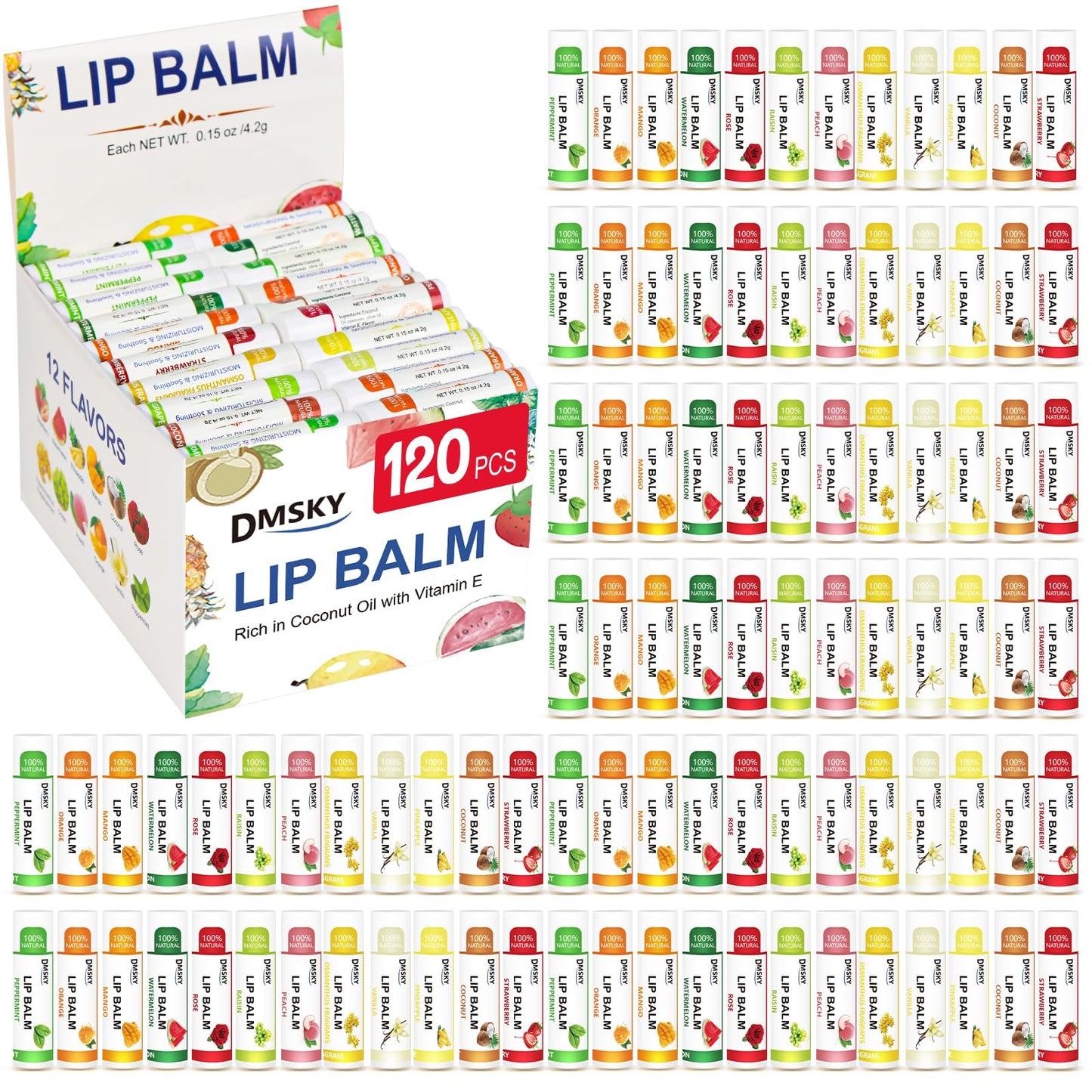 DMSKY 120 Pack Lip Balm, Natural Lip Balm Bulk with Vitamin E and Coconut Oil, Moisturizing Lip Balms for Chapped Lips-12 Flavors