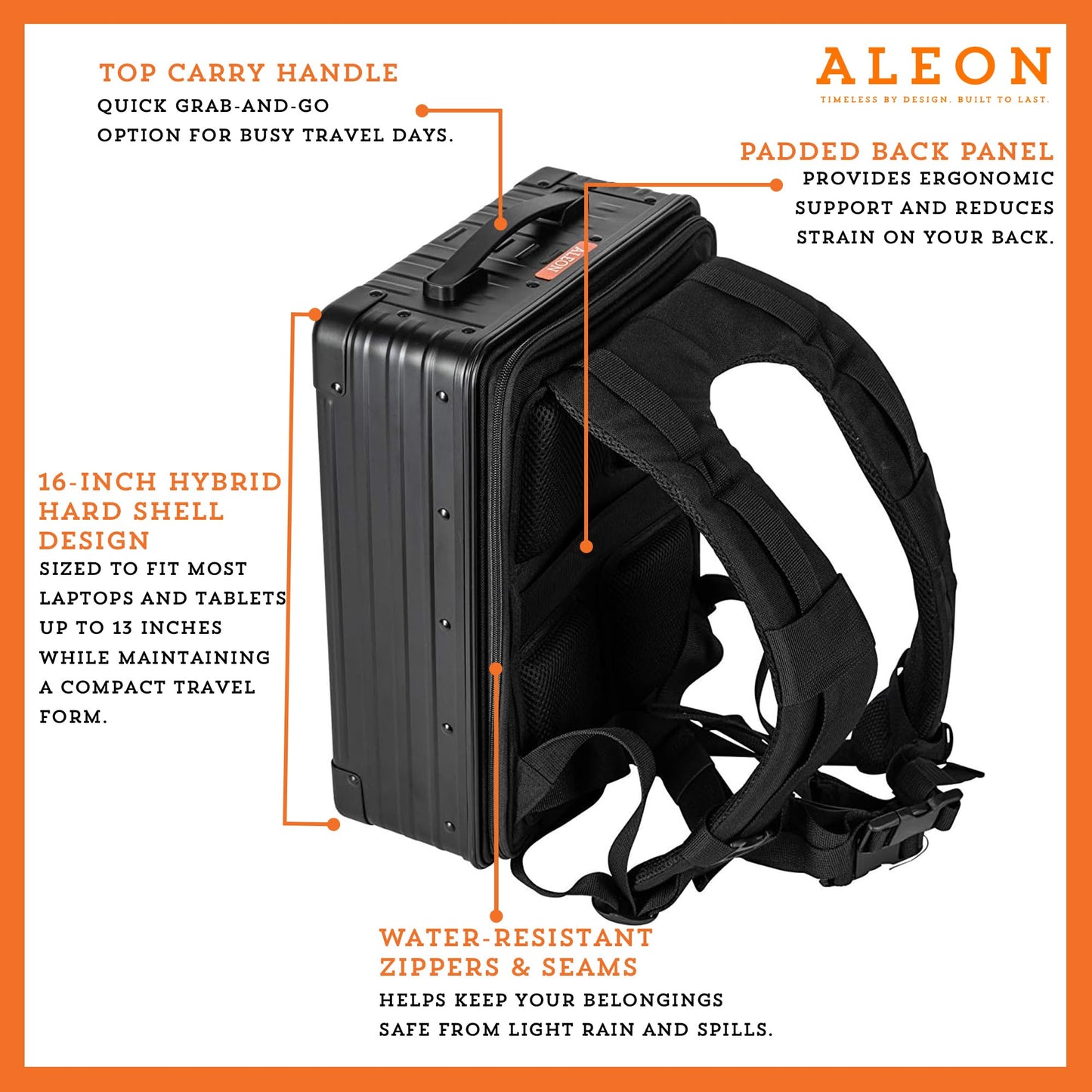 All Aluminum Lightweight 16" Hybrid Backpack for Men & Women, Fits 13" Laptop, Premium Hard Shell Backpack for Business Travel with RFID blocker for Tech, Executive, Gamers, Photographer (Black)