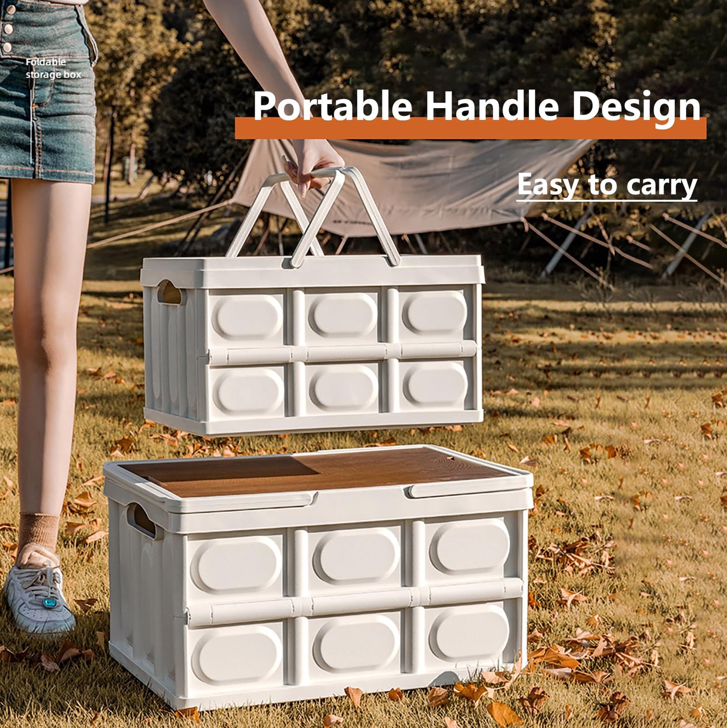 VPTMRP Collapsible Storage Bin with Handles and Wooden Lid, Large Capacity Stackable Utility Crates Holds 33lbs for Outdoor Home Storage Organizing…
