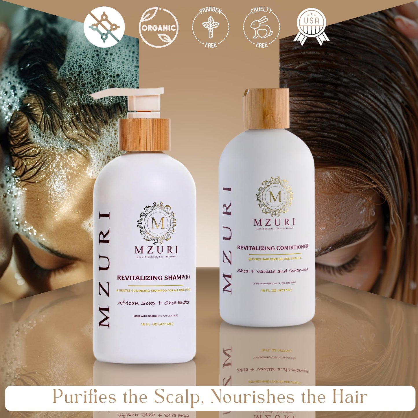 MZURI Shampoo & Conditioner Set - African Black Soap & Shea Shampoo + Vanilla Cedarwood Conditioner | Sulfate-Free Hydrating Cleanse, Detangling Frizz