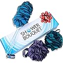 SHOWER BOUQUET Loofah-Charcoal Back-Scrubber & Bath-Sponge Color-Set // 1 Long-Handle-Back-Brush plus 2 Extra Large 75g Soft Mesh Loofa Lufa Loufa
