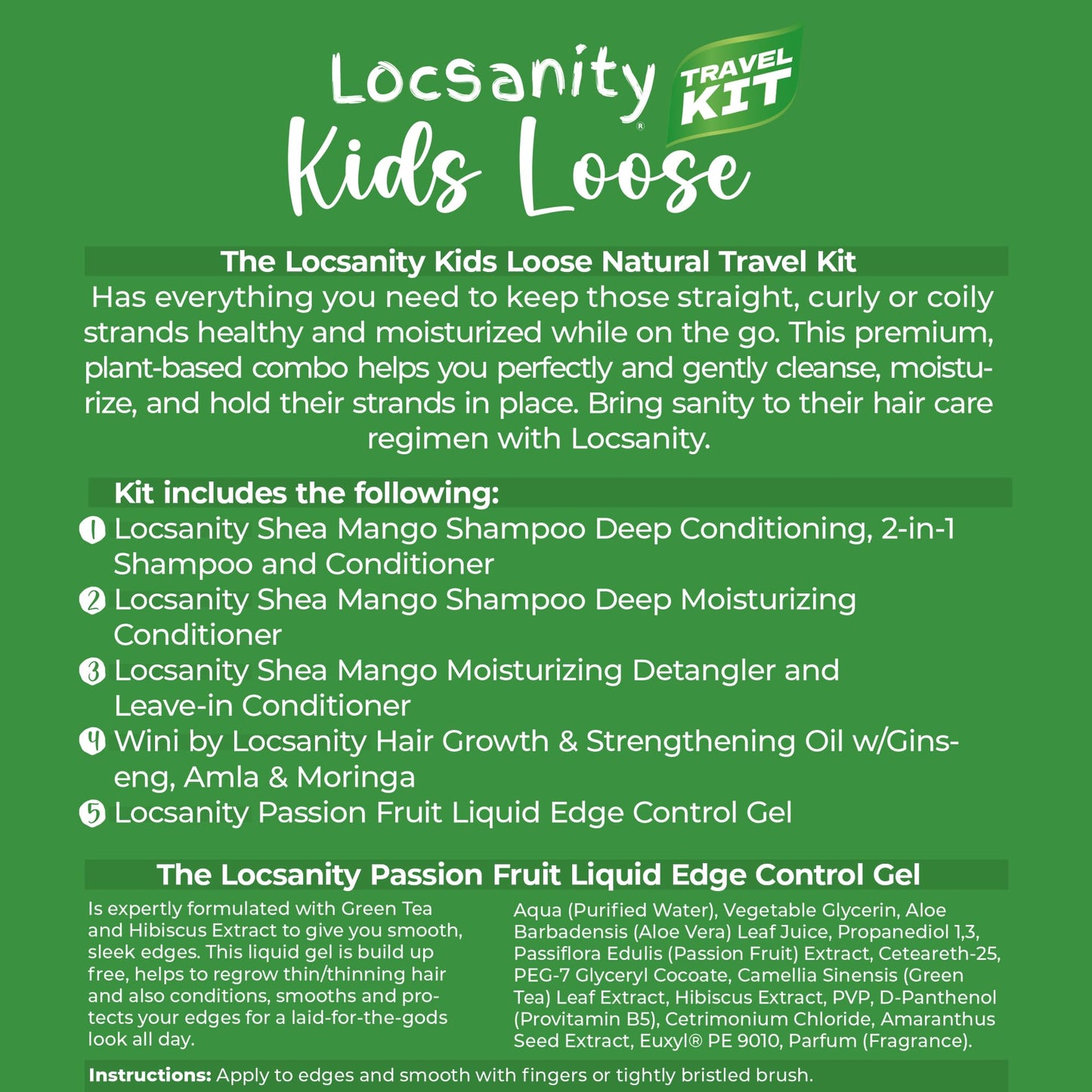 Locsanity Natural & Organic Kids Travel Kit, Gentle 2-in-1 Shampoo/Conditioner, Deep Moisturizing Conditioner, Healthy Hair Growth Oil, Detangler, Gel