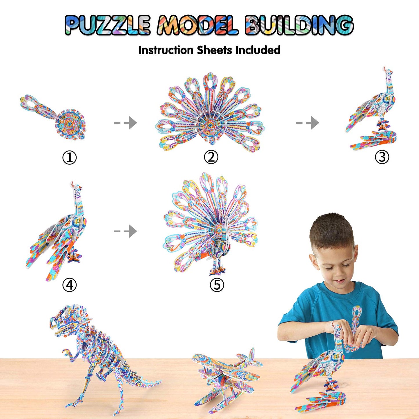 BEARUN 3D Coloring Puzzle Set – Arts & Crafts Kit for Kids Ages 6–12, Educational Painting & DIY Craft Toy, Birthday Gift for Boys & Girls