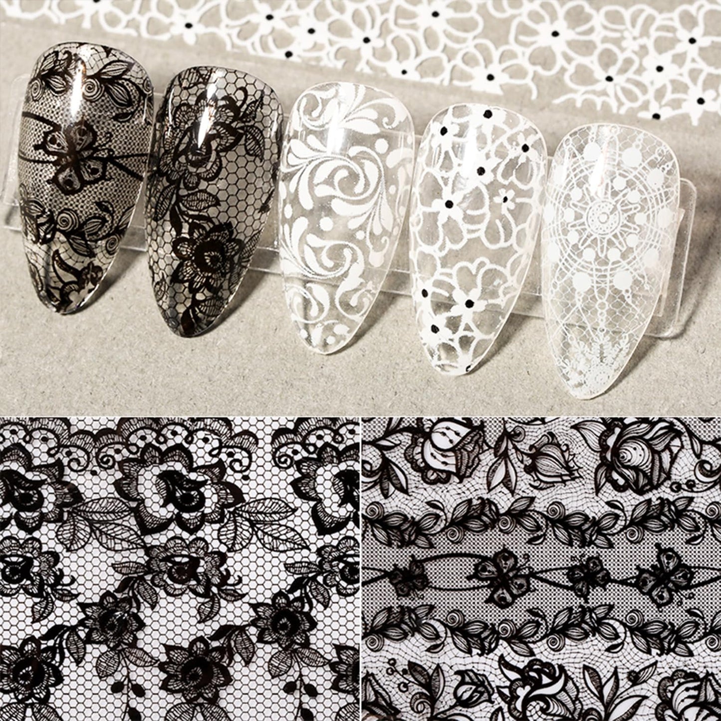 SILPECWEE 20 Rolls Lace Nail Foil White and Black Nail Transfer Foil Flower Nail Art Foils Decals Holographic Foils for Nails Manicure Stickers Beauty and Personal Care SILPECWEE