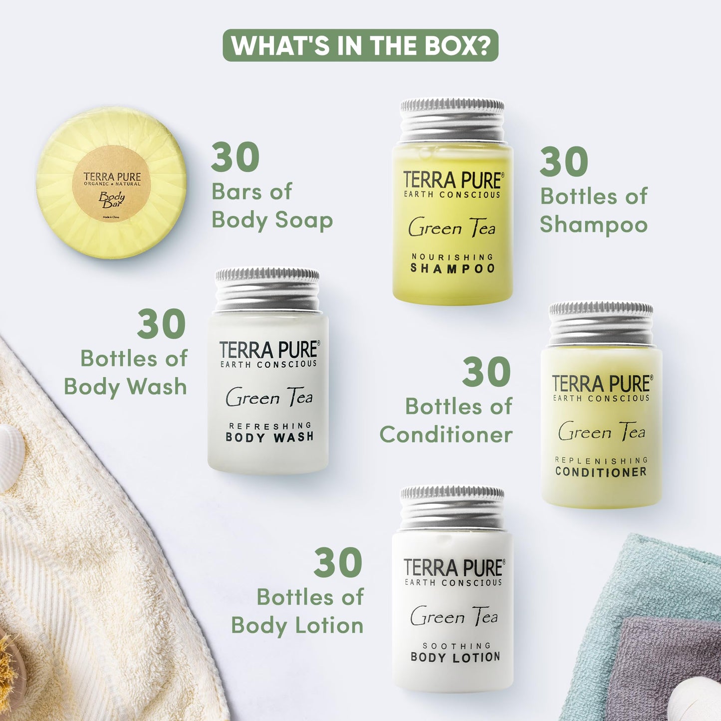 Terra Pure Hotel Soaps & Toiletries Bulk Set | 1-Shoppe Amenities Kit | 1oz Shampoo & Conditioner, Body Wash, Lotion, 1.25oz Bar Soap | Travel Size |