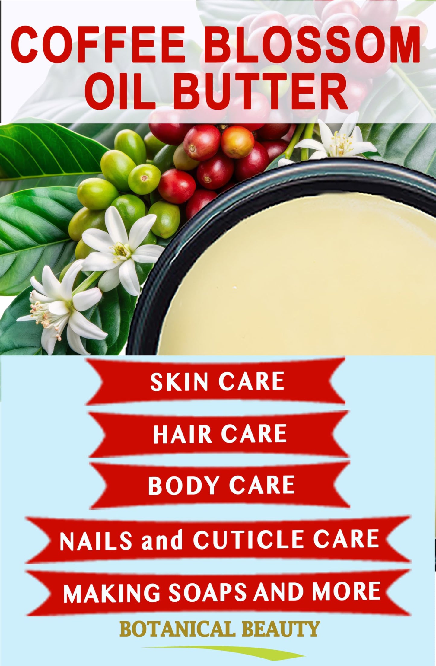 Botanical Beauty COFFEE BLOSSOM OIL BUTTER 100% Natural Coffee Blossom Essential Oil in Shea Nut Butter for FACE, SKIN, BODY, HAIR, NAILS. Beauty Skin
