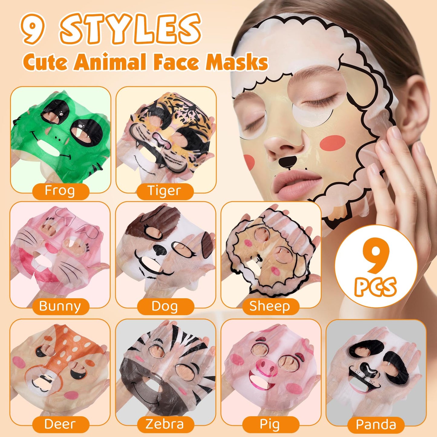 KONEUK 9 Pack Animal Face Masks Skincare for Kids, Bulk Sheet Hydrating Face Mask for Kids Skin Care, Collagen Face Mask for Teens Women, Sleepover Beauty and Personal Care KONEUK