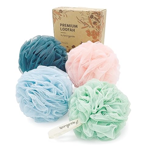Spongentle Premium Deep Cleansing Loofah Sponge for Radiant Skin, Pack of 4, Bath and Shower, Exfoliating Body Scrubber, Beautiful Colors for Women