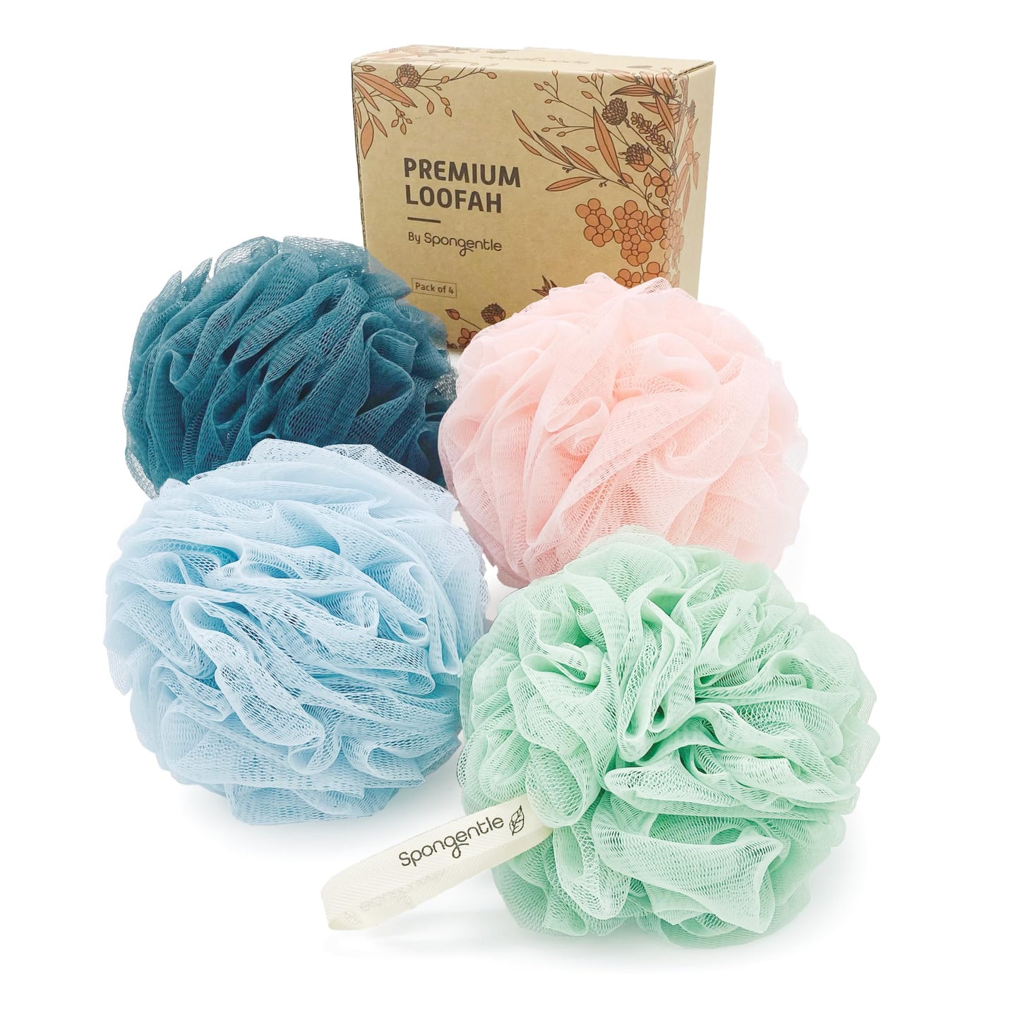 Spongentle Premium Deep Cleansing Loofah Sponge for Radiant Skin, Pack of 4, Bath and Shower, Exfoliating Body Scrubber, Beautiful Colors for Women