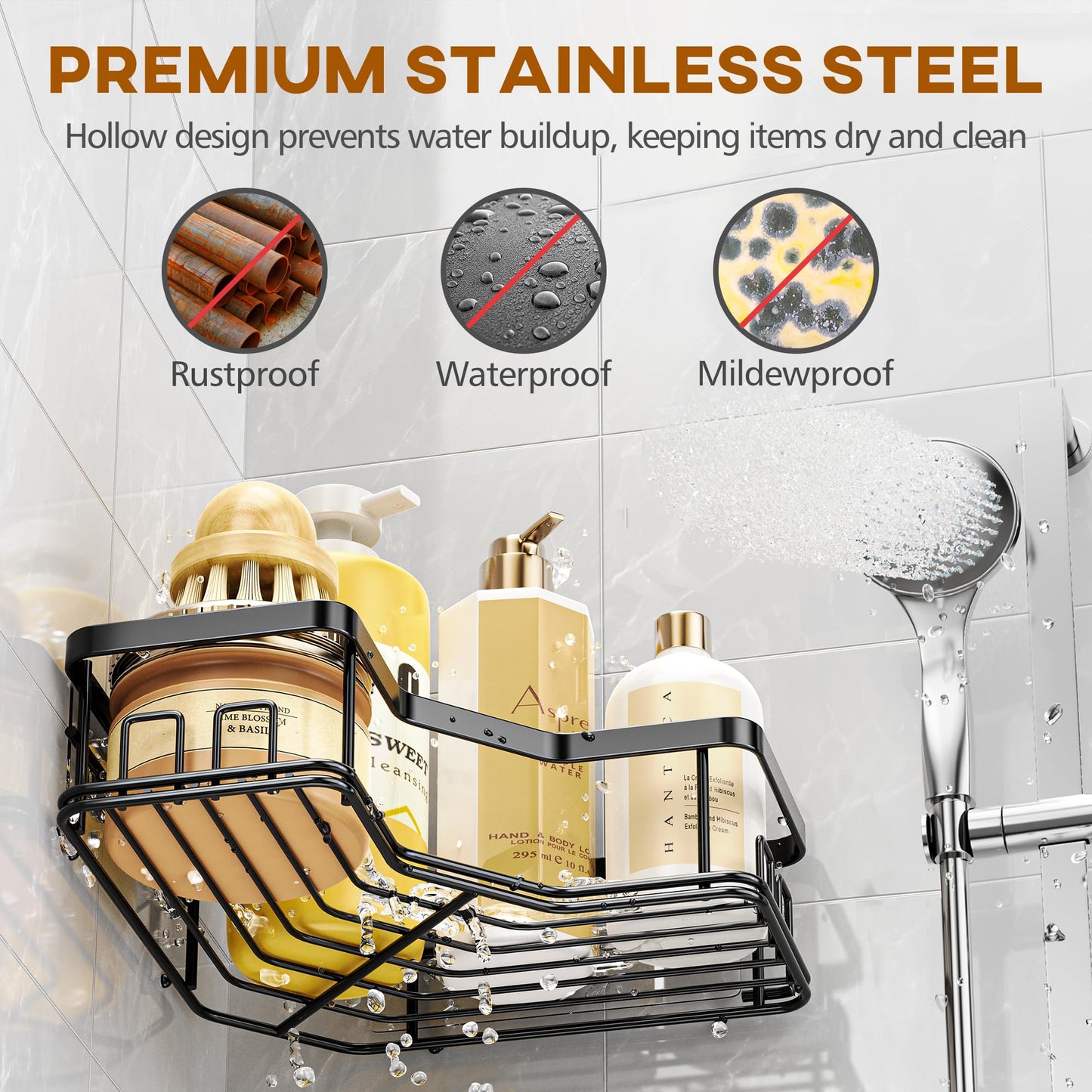 MAXIFFE 3-Pack Corner Shower Caddy with Soap Holder, Large Capacity No-Drill Stainless Steel Organizer, Holds 40 lbs, Bathroom Storage, Black