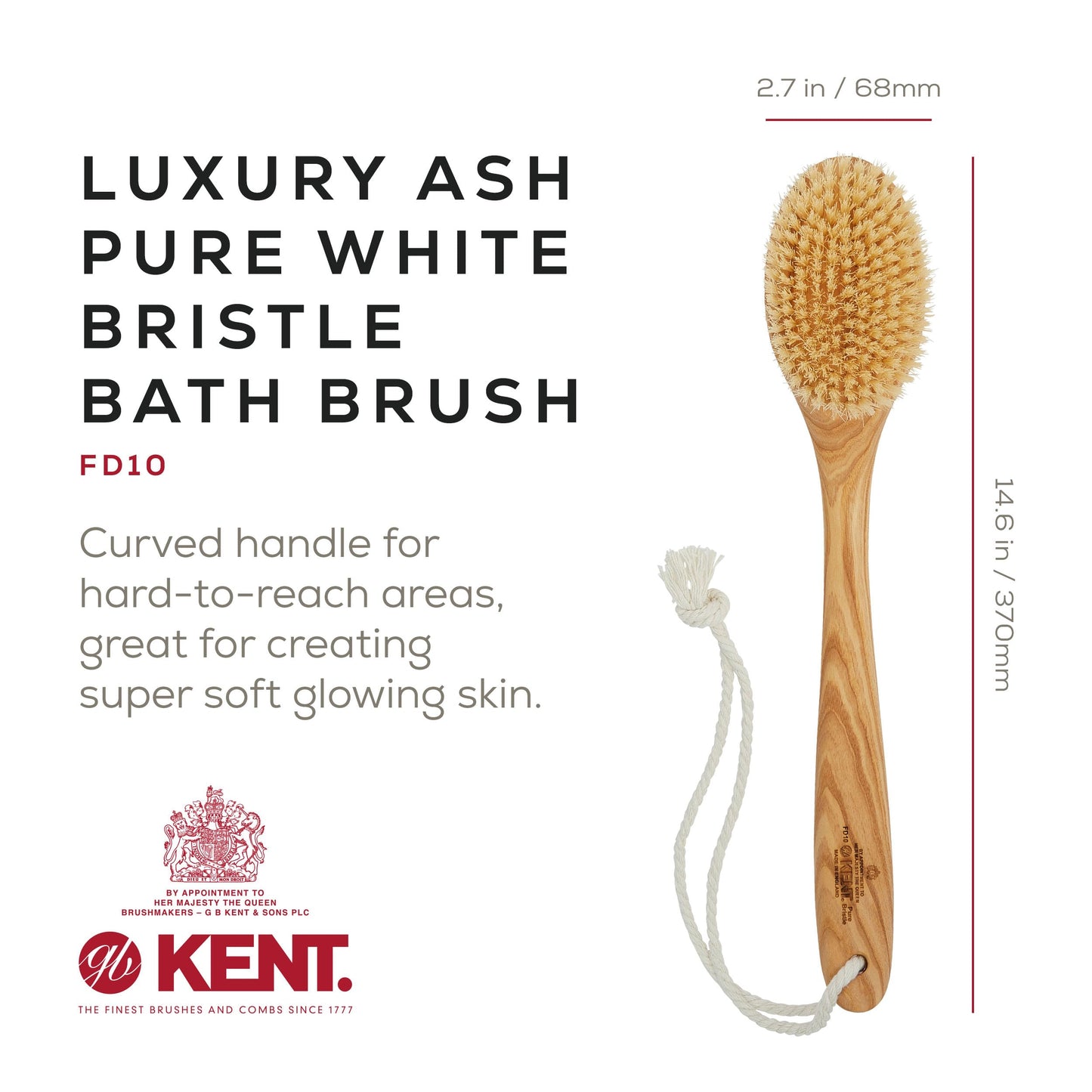 Kent FD10 Ashwood Back Scrubber for Shower Bath Brush and Body Scrubber Exfoliator - Boar Bristle Shower Brush for Body for Men and Women - Kent Brush Beauty and Personal Care KENT