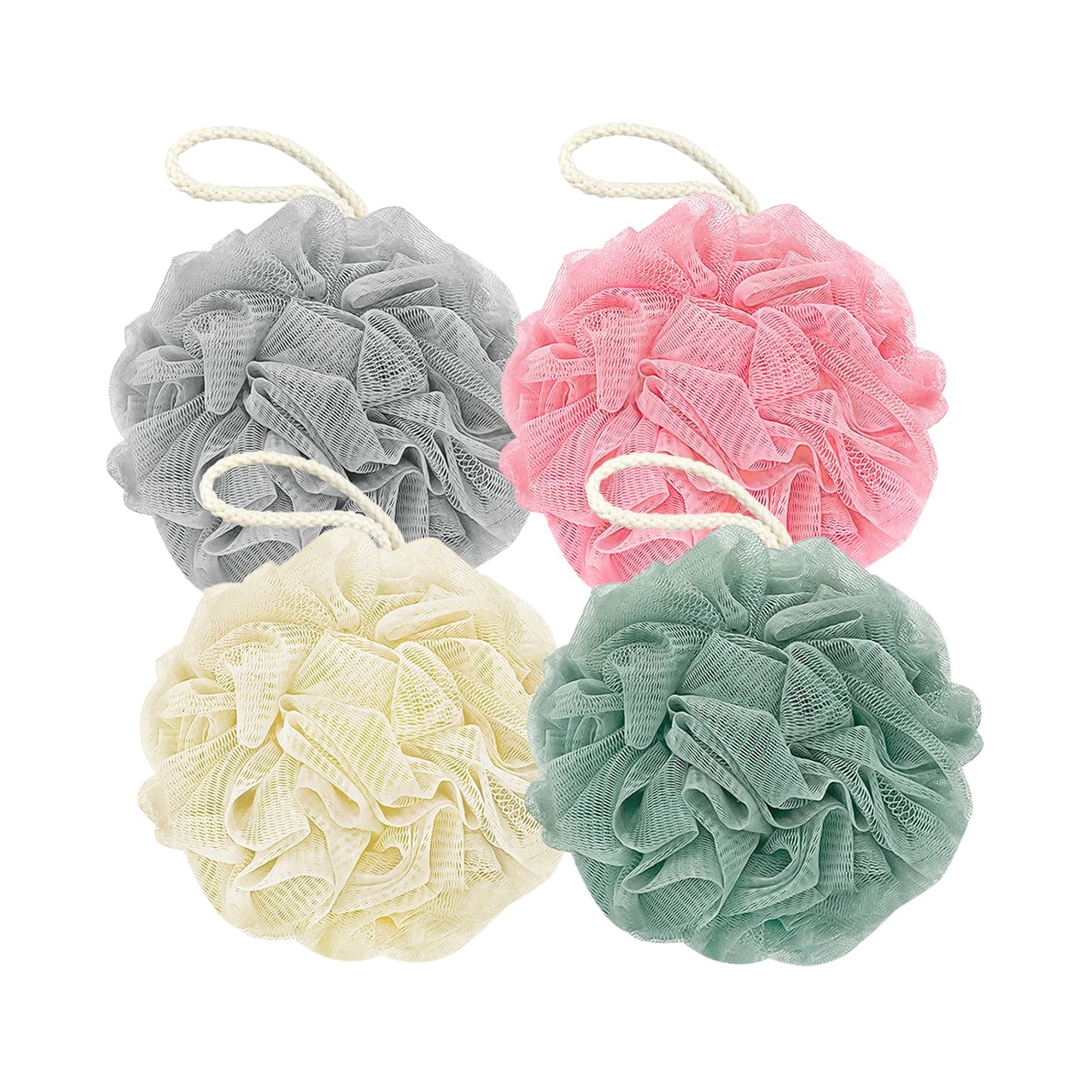 Rnoafmu Shower Loofah Bath Sponge, 60G Loofah Exfoliating Body Scrubber, 4 Color Mesh Shower Pouf Balls for Body Wash (Pink Green White Gray) Beauty and Personal Care RNOAFMU Default Title