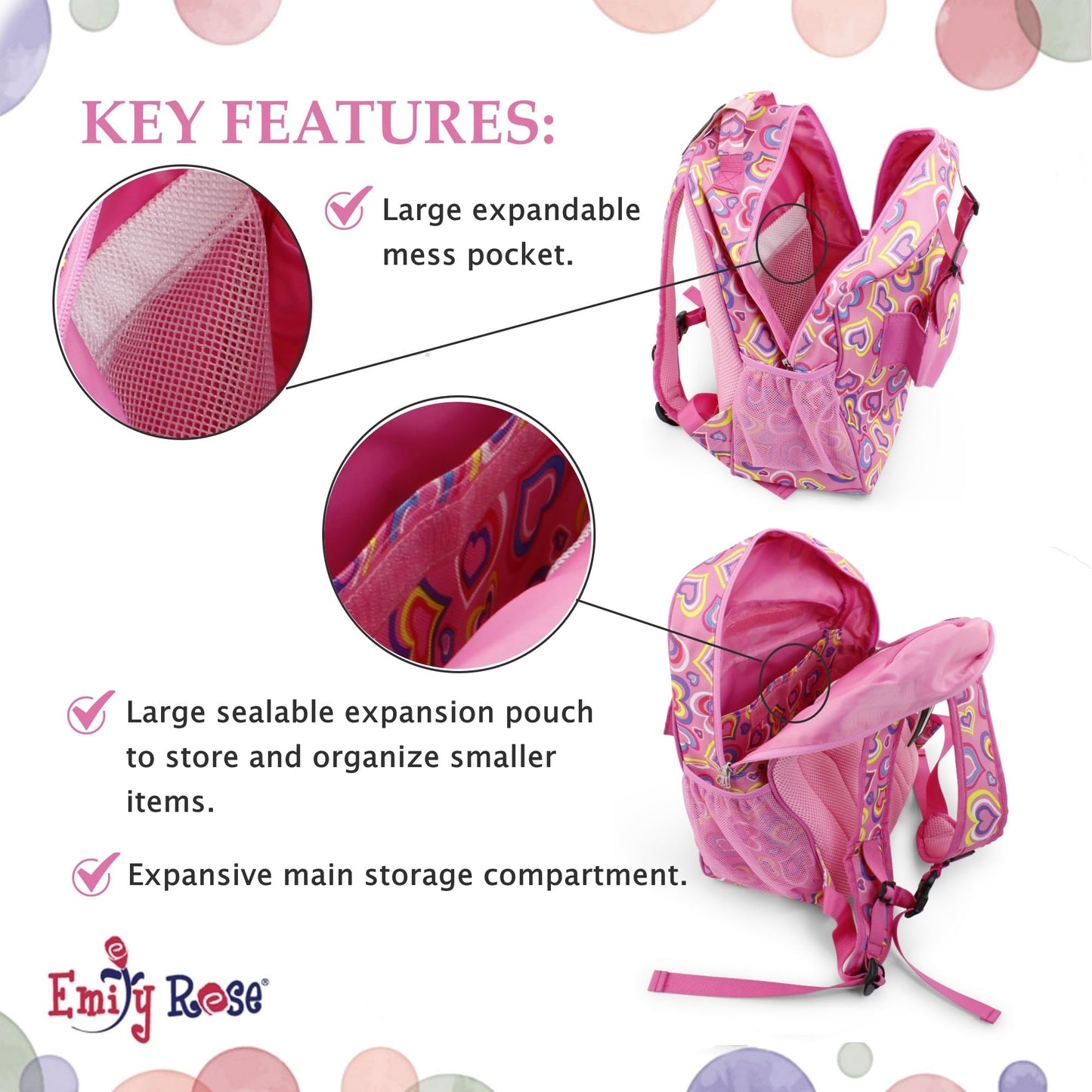 Emily Rose Kids Daypack Overnight Backpack 18-inch Doll Travel Carrier Includes Carry Pouch for Baby Dolls/Stuffed Animals | Little Girls Back Pack for School and Sleepovers (Playful Hearts)