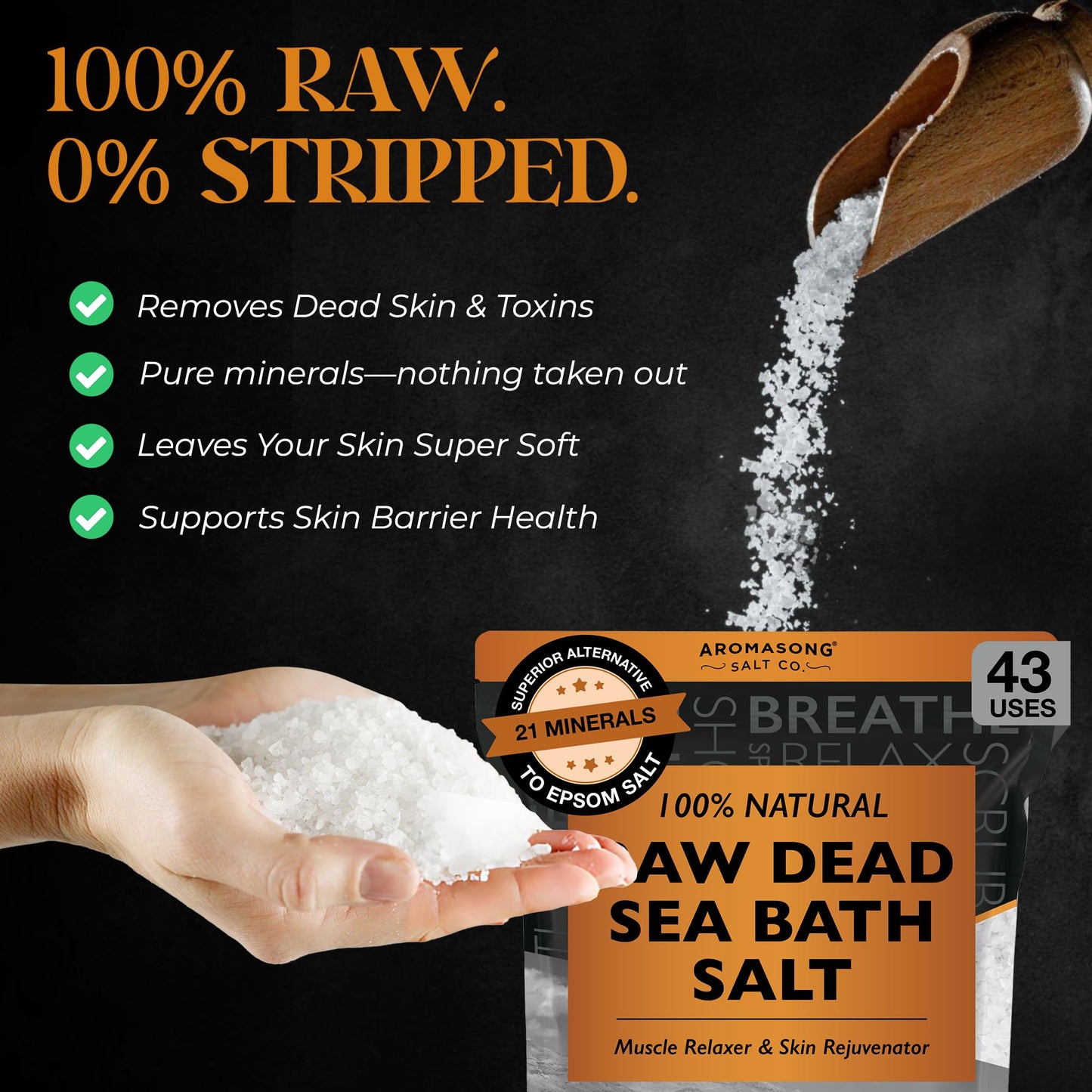 Aromasong Raw Dead Sea Bath Salt - Minimally Cleaned, Contains More Dead Sea Minerals Including Dead Sea Mud - 100% Pure & Natural Dead Sea Salts