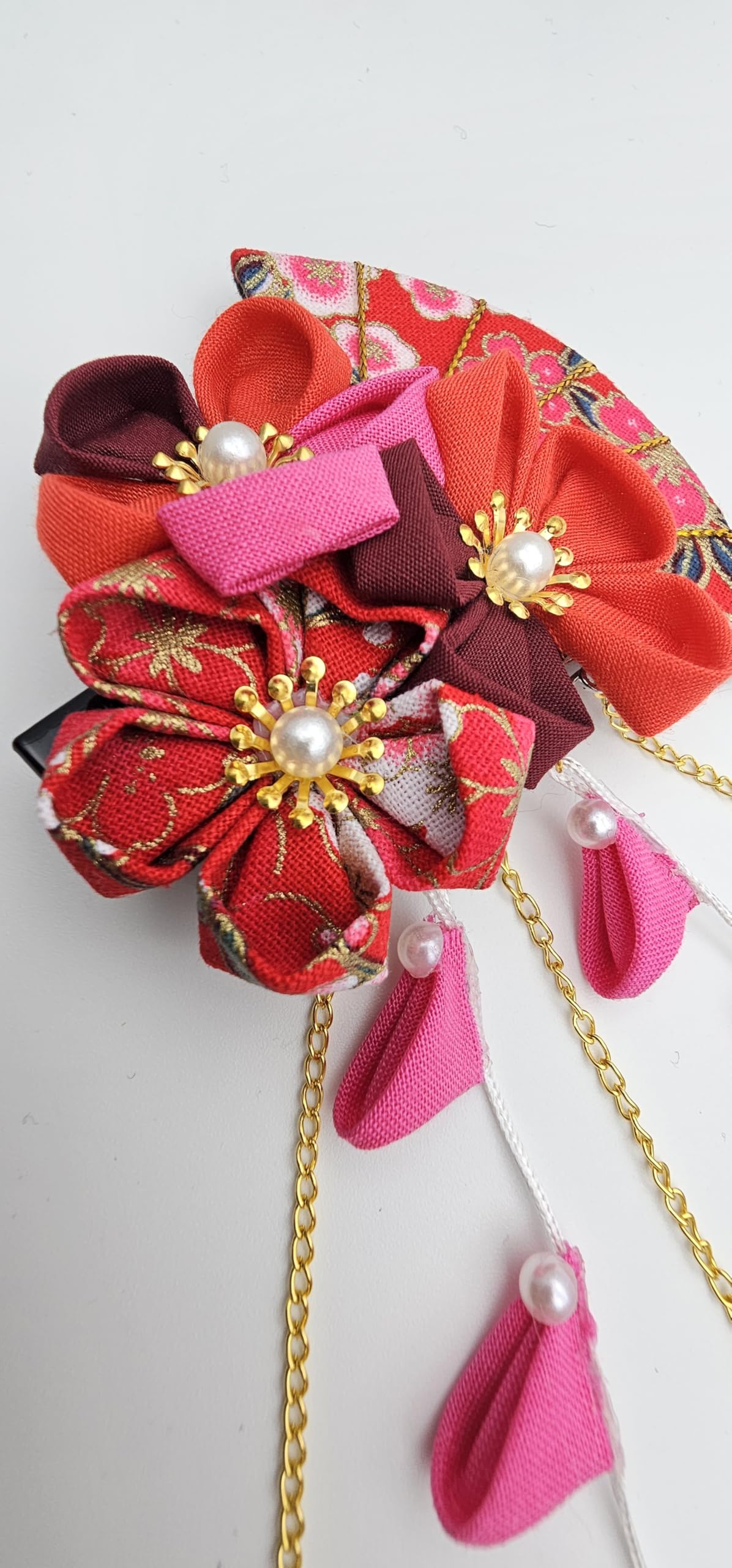 CRB Fashion Womens Japanese Kimono Flower HairclipHair Tie Band Clip (Multi Red)