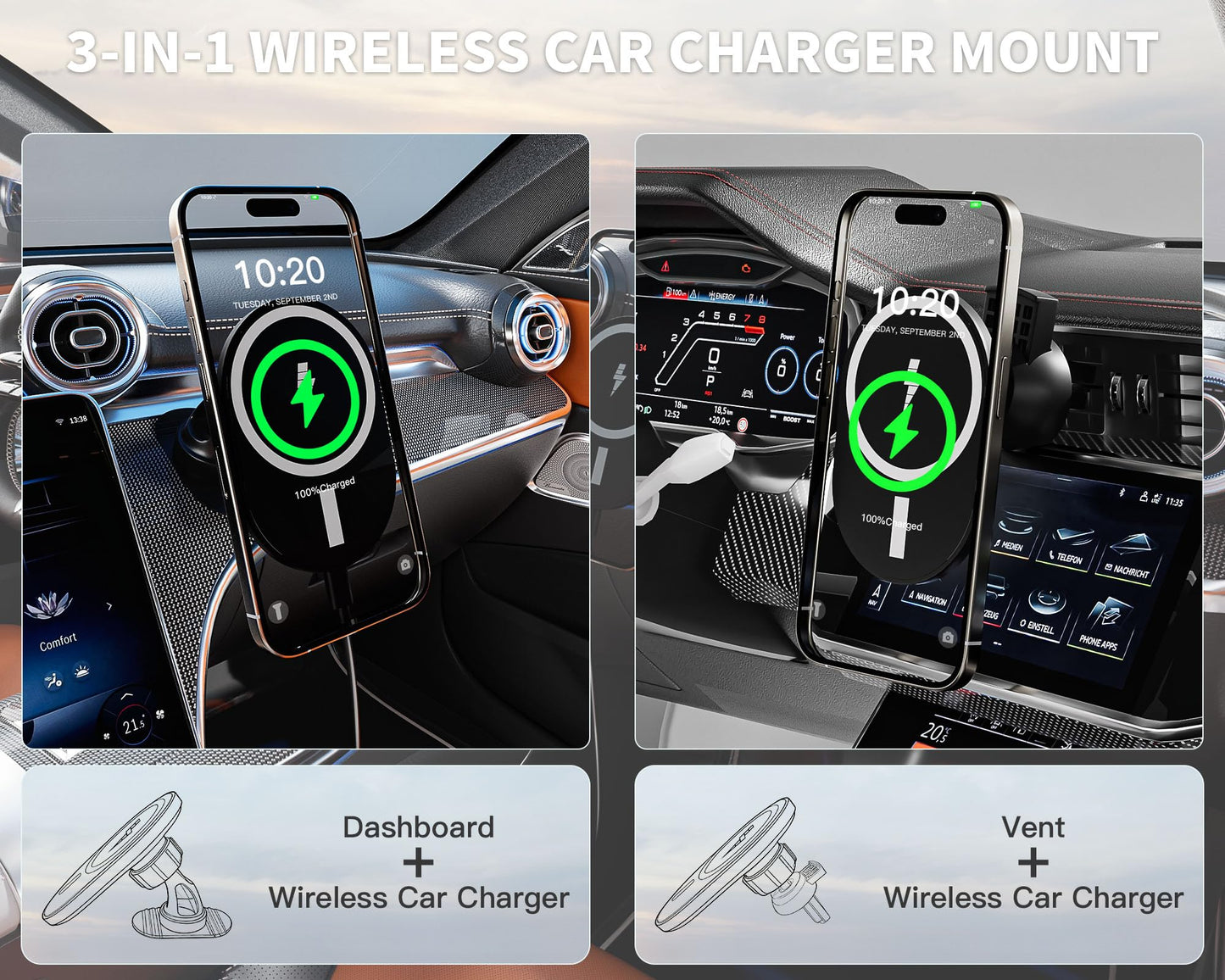 Car Phone Holder 2Pack,15W-Qi Fast Charging Cell Phone Holder for Your Car with QC3.0 Car Charger,Car Mount & Dashboard Windshield Air Vent Mount…