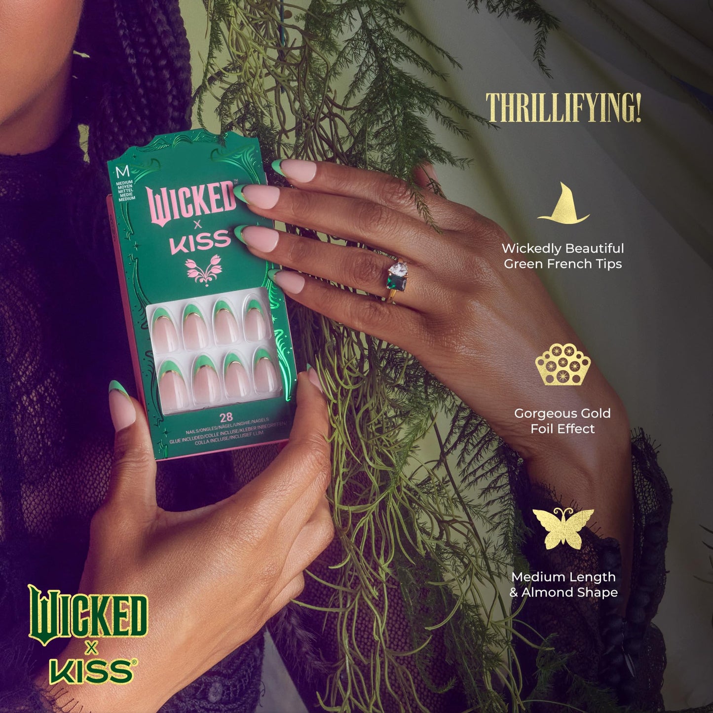 WICKED X KISS Press On Nails Almond, ‘Thrillifying!’, Green, Medium, Waterproof, Chip Proof, Smudge Proof, 28 Fake Nails, Pink Gel Nail Glue (2g) Beauty & Personal Care KISS