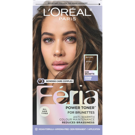 L’Oreal Paris Feria Toner, Long Lasting Anti-Brass Hair Toner for Brunettes, Vegan and Ammonia-Free Hair Care Formula, Iced Brunette, 1 Kit