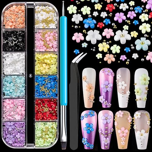 3D Flowers for Nails Art Colorful Charms Kit #2 with Caviar Beads, Blossom Rhinestones Crystal Pearls Acrylic Studs DIY Design Manicure Accessories