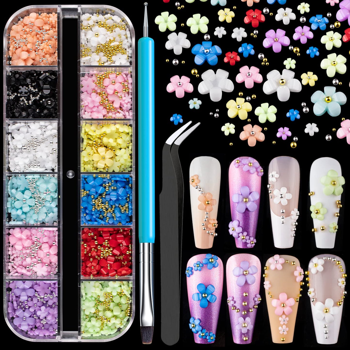 3D Flowers for Nails Art Colorful Charms Kit #2 with Caviar Beads, Blossom Rhinestones Crystal Pearls Acrylic Studs DIY Design Manicure Accessories