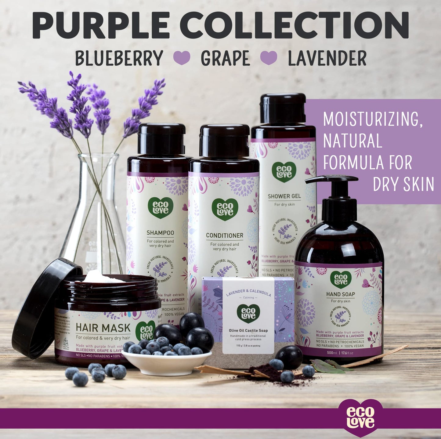 ecoLove - Natural Moisturizing Body Wash for Dry Skin - Organic Blueberry, Grape & Lavender - No SLS or Parabens - Vegan and Cruelty-Free Shower Gel