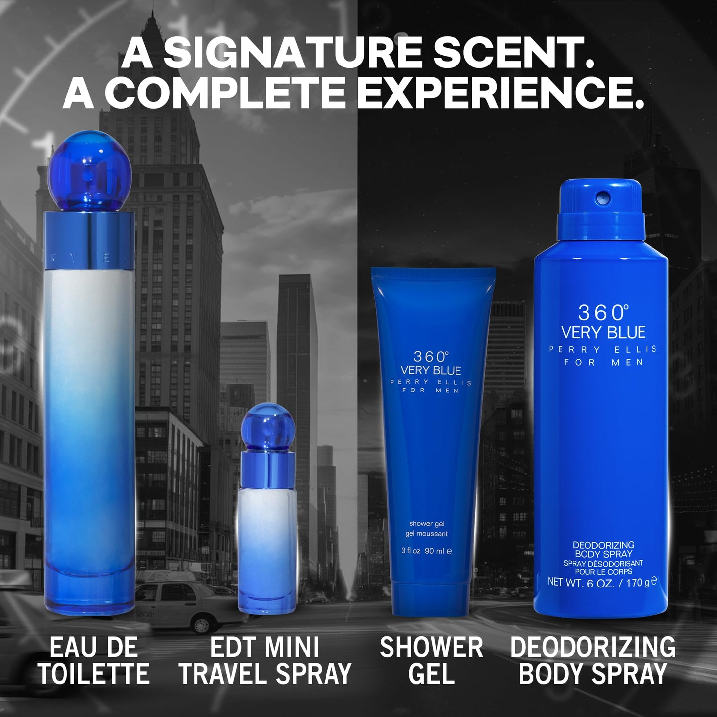 Perry Ellis 360° Very Blue Gift Set - 3.4 fl oz Eau de Toilette, 3 oz Shower Gel, 6 oz Body Spray, .25 fl oz EDT Mini Travel Spray - fresh, aquatic,