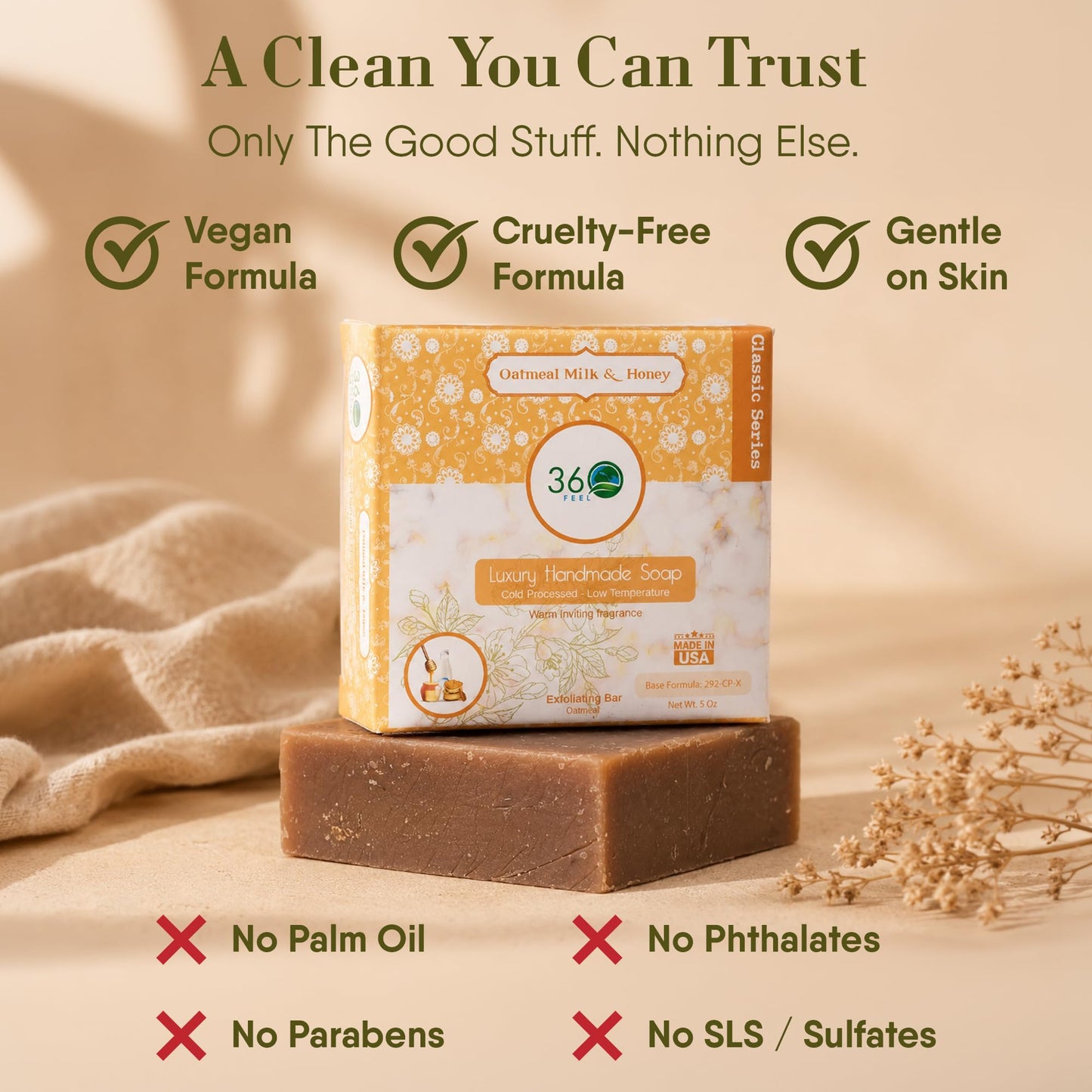 360Feel Oatmeal Milk and Honey Bar Soap - Made in The USA - Castile Handmade, All Natural Cold Processed - Infused with Oatmeal Milk and Honey