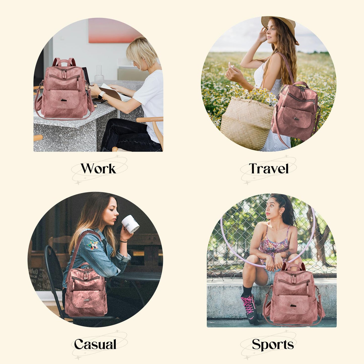 ROOSALANCE Backpack Purse for Women, Women Leather Back pack Purse Waterproof Anti-theft Shoulder Bags Handbags