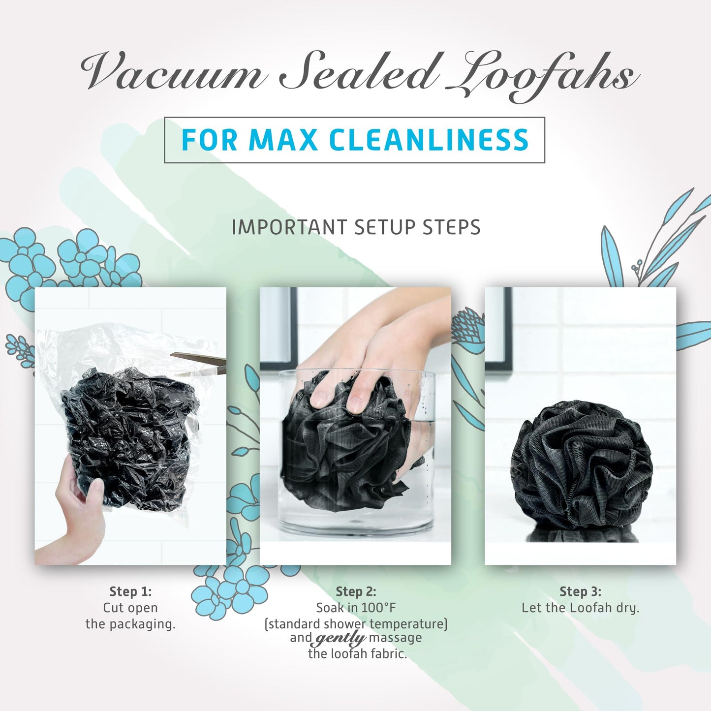 Spongentle Charcoal Bamboo Premium Deep Cleansing Loofah Sponge for Radiant Skin, Pack of 4, Bath and Shower, Exfoliating Body Scrubber, Beautiful
