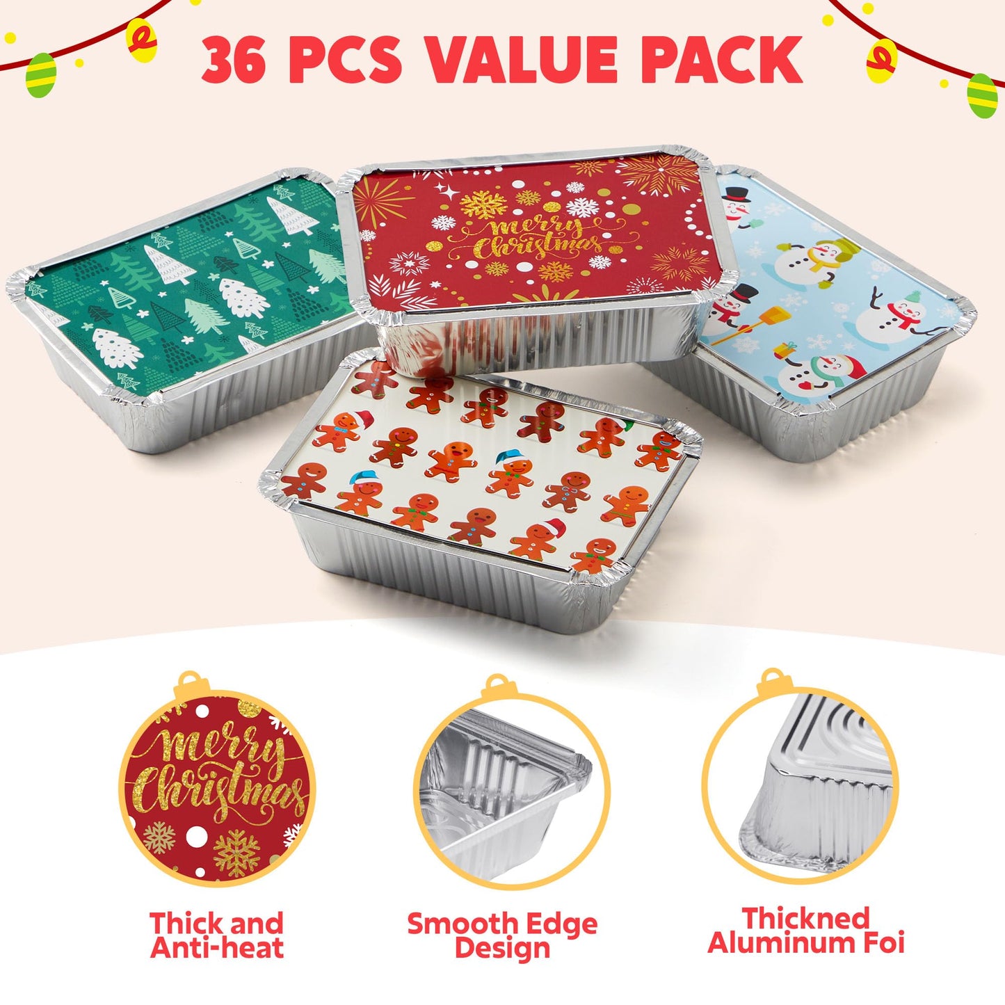 JOYIN 36 Pieces Christmas Foil Containers with Lid, 9 Holiday Designs, 7"x5.5"x2" Christmas Small Gift Bags Santa Sacks, for Holiday Leftovers Goodie…