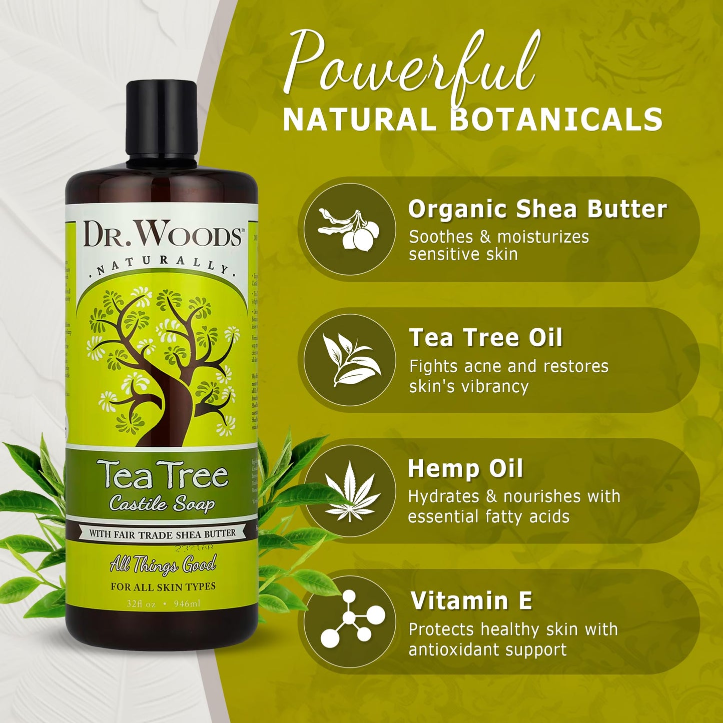 Dr. Woods Tea Tree Liquid Castile Soap - Castile Soap with Pure Tea Tree Oil, Body Wash for Men and Women, Organic Shea Butter, Natural Cleaner