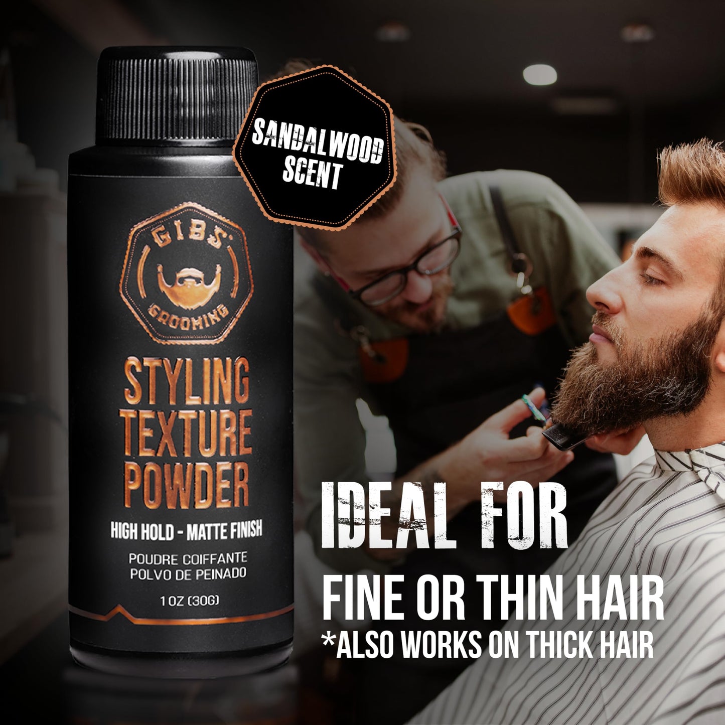 GIBS Grooming - Styling Texture Powder for Men and Women - High Hold - Matte Finish - All Hair Types - Texture, Volume, Grip - Silica - Sandalwood