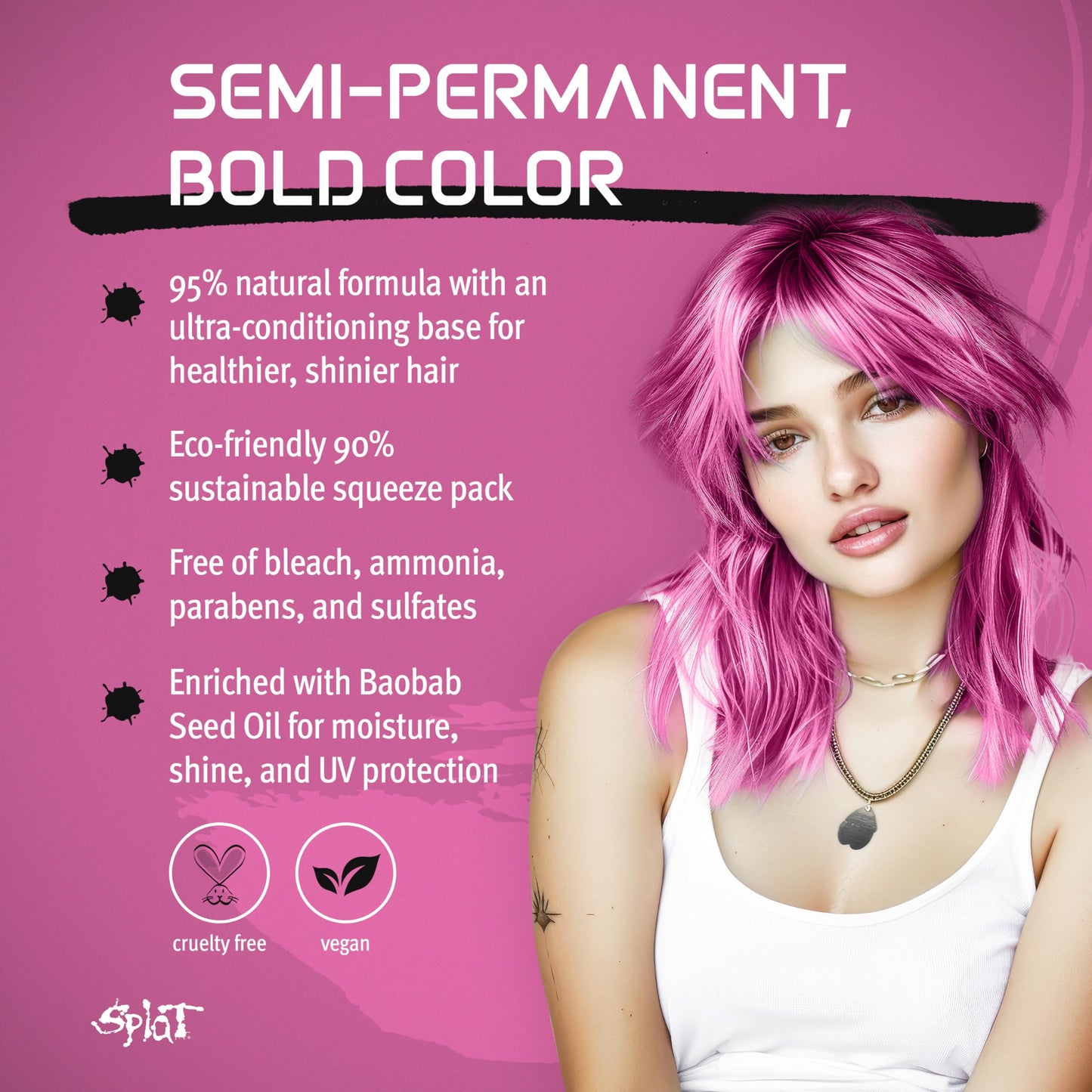 Splat Naturals Semi-Permanent Hair Color, Pink, 6 fl. oz., 95% Natural Hair Dye Formula Lasts Up to 30 Washes, Vegan & Cruelty-Free Semi Permanent