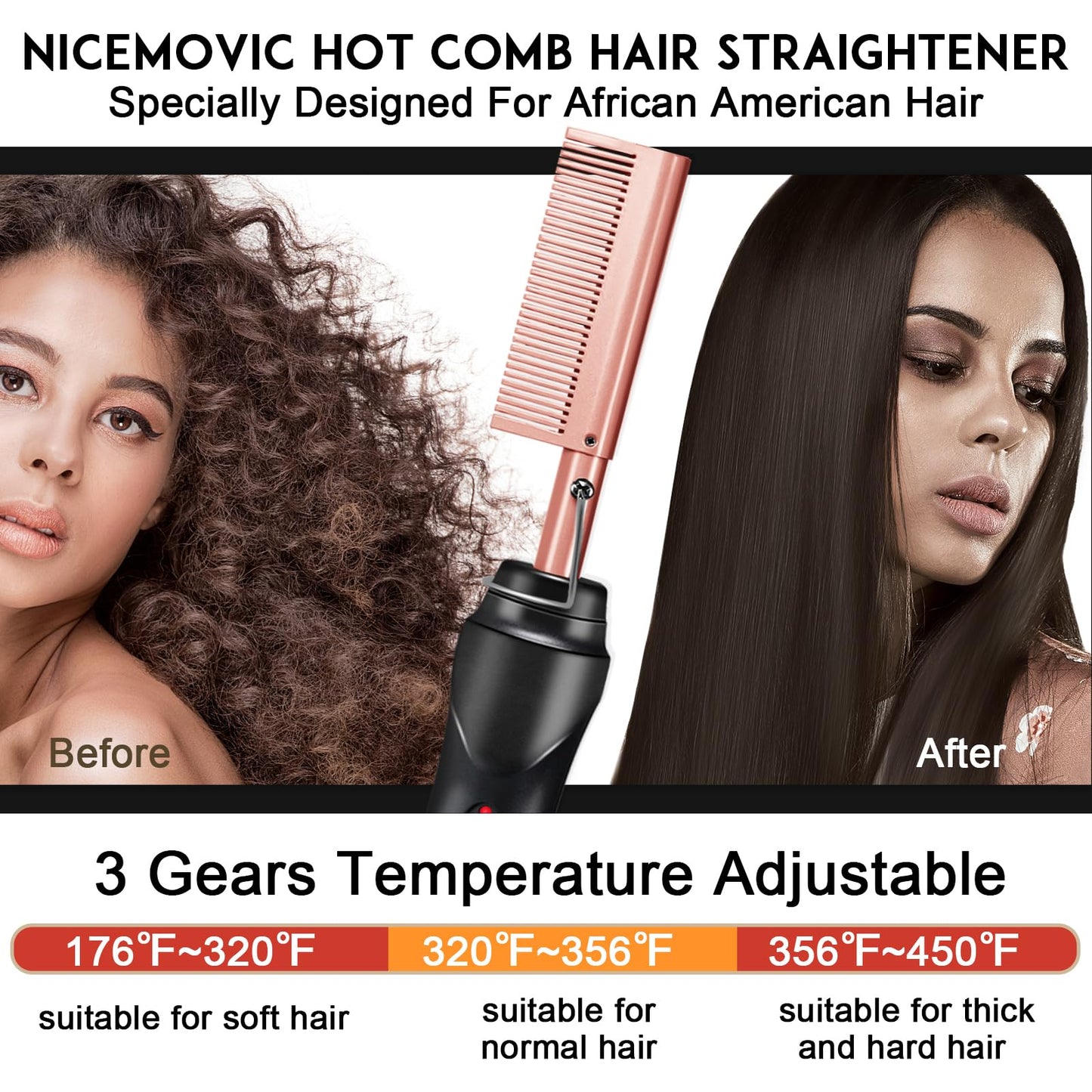NICEMOVIC Ceramic Heating Hair Straightener Comb - Hot Pressing Brush for Natural Black Hair, Beard Wigs, and Curling (Rose Gold) Beauty and Personal Care NICEMOVIC