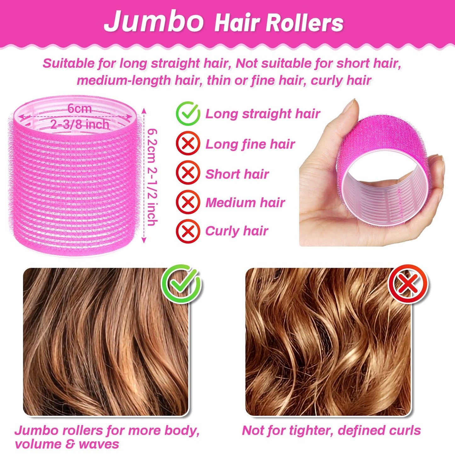 Jumbo Hair Curlers Rollers, 12Pcs 60mm Jumbo Hair Roller Curlers Self Grip Holding Rollers with 12Pcs Hair Clips for Long Straight Thick Hair (Rose Beauty and Personal Care Acejoz